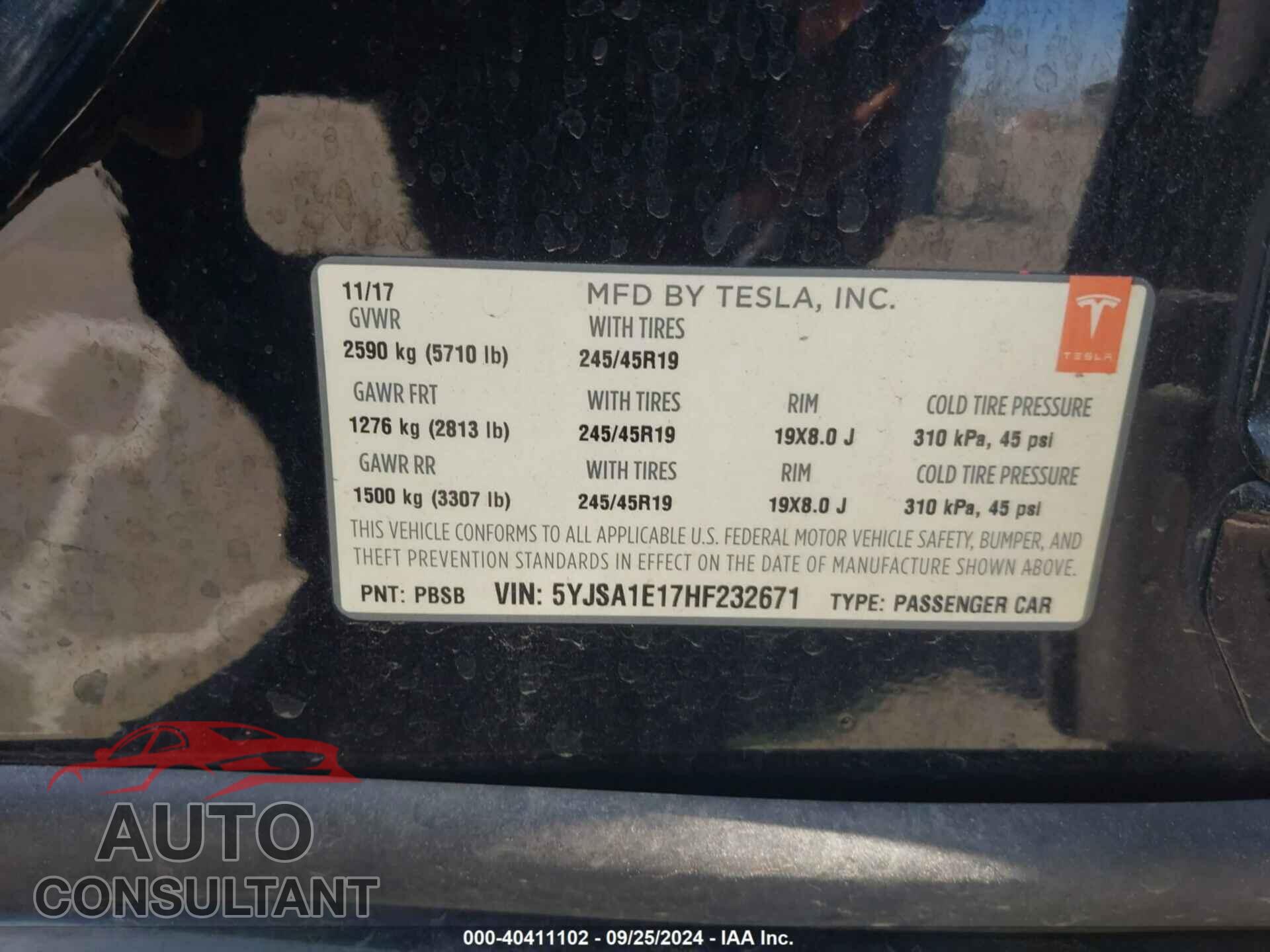 TESLA MODEL S 2017 - 5YJSA1E17HF232671