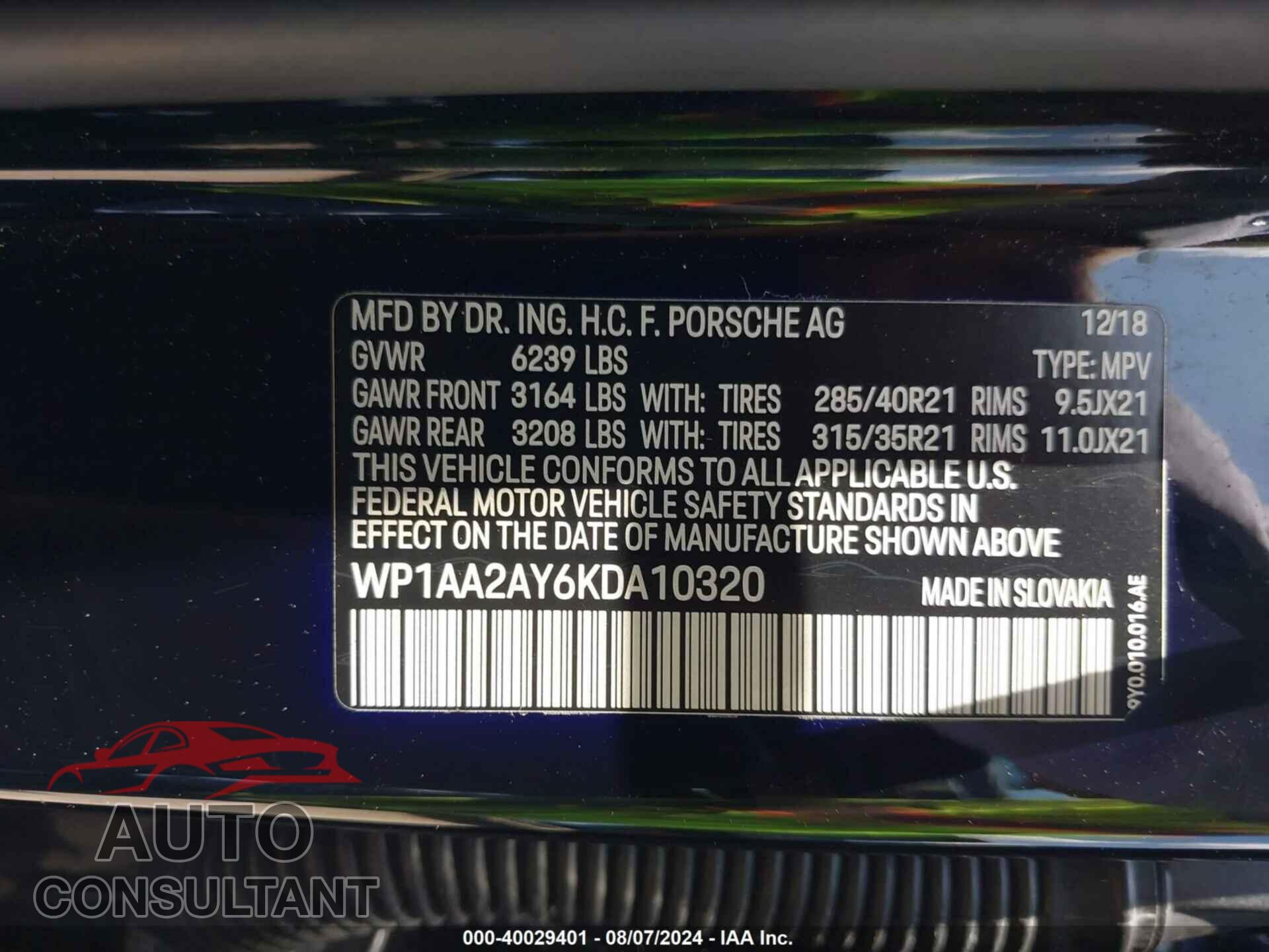 PORSCHE CAYENNE 2019 - WP1AA2AY6KDA10320