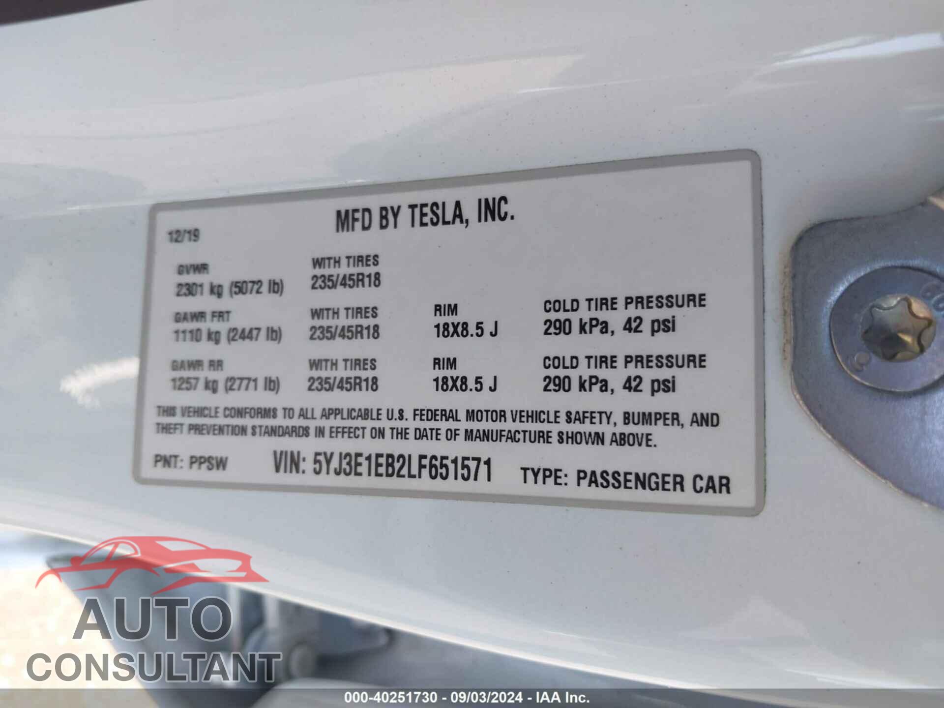 TESLA MODEL 3 2020 - 5YJ3E1EB2LF651571