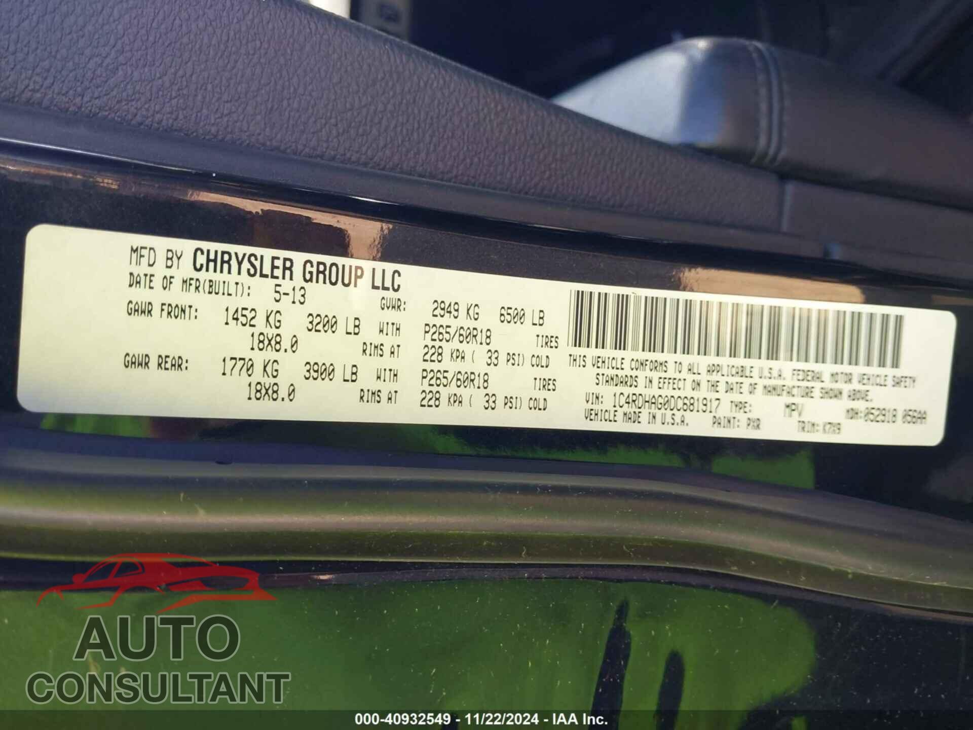 DODGE DURANGO 2013 - 1C4RDHAG0DC681917