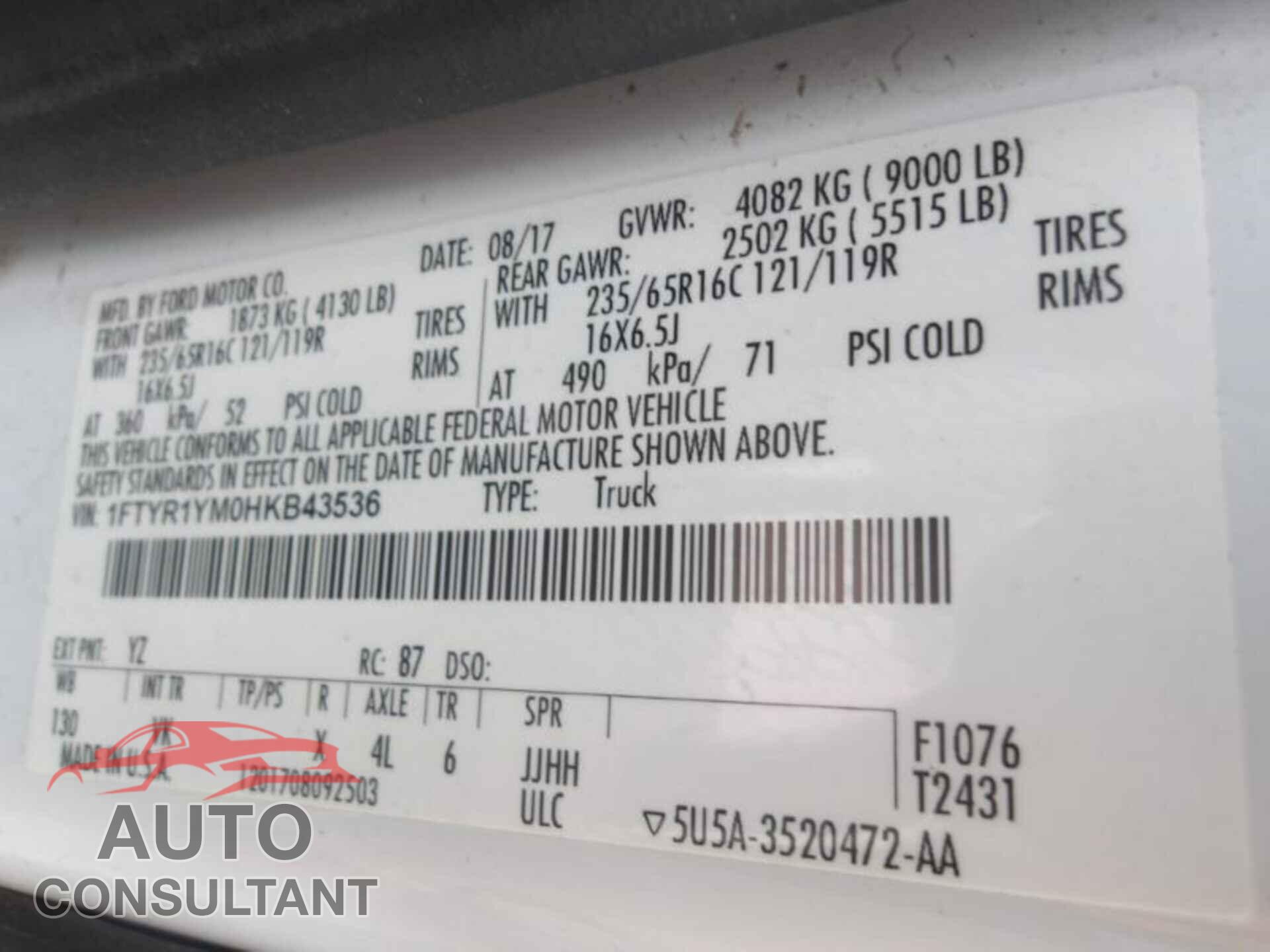 FORD TRANSIT 2017 - 1FTYR1YM0HKB43536