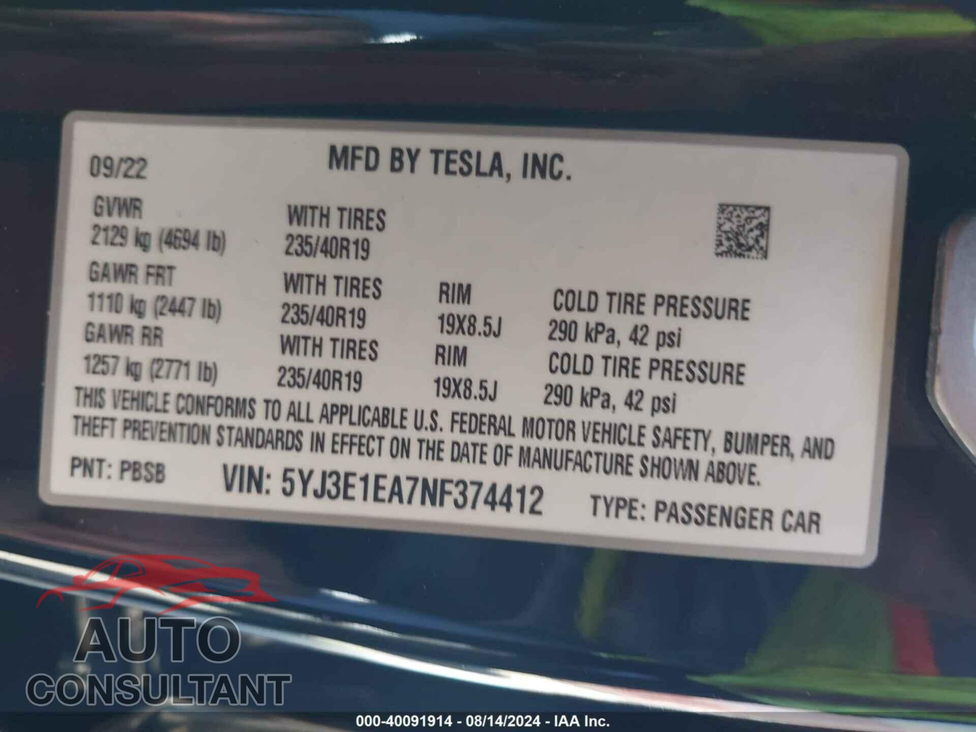 TESLA MODEL 3 2022 - 5YJ3E1EA7NF374412