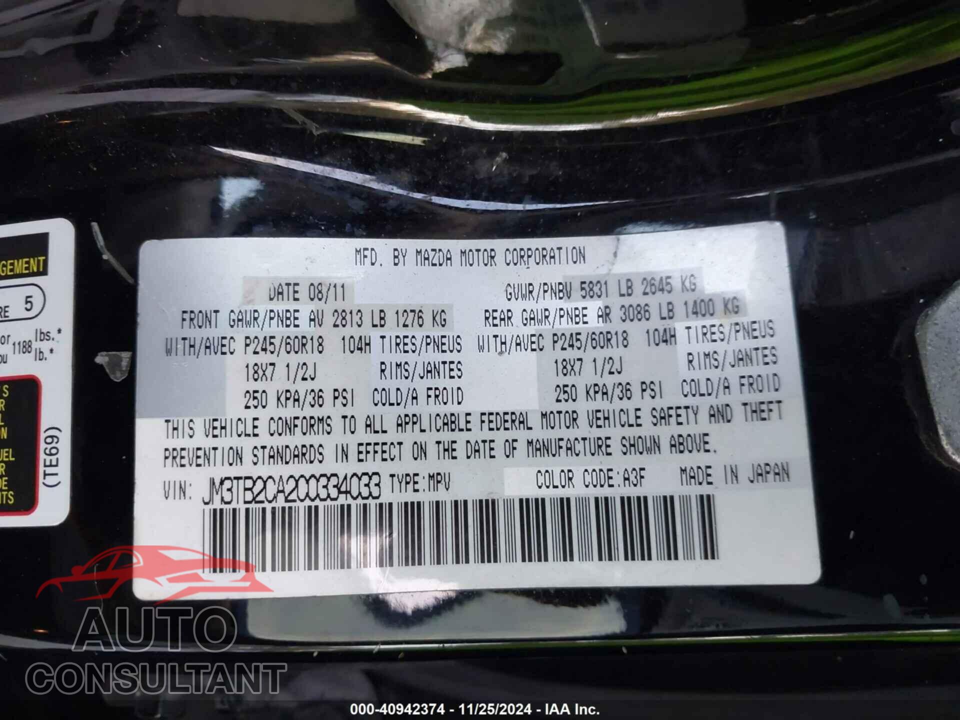 MAZDA CX-9 2012 - JM3TB2CA2C0334033