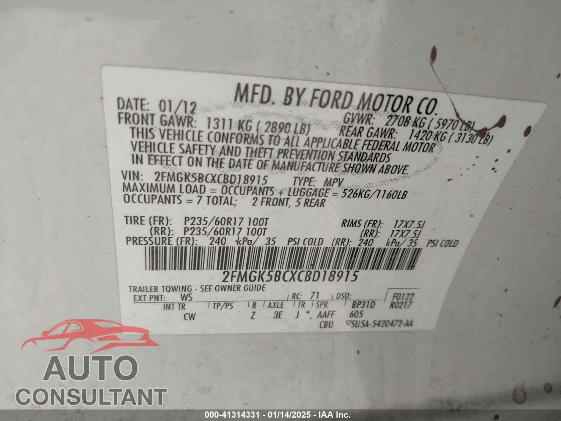 FORD FLEX 2012 - 2FMGK5BCXCBD18915