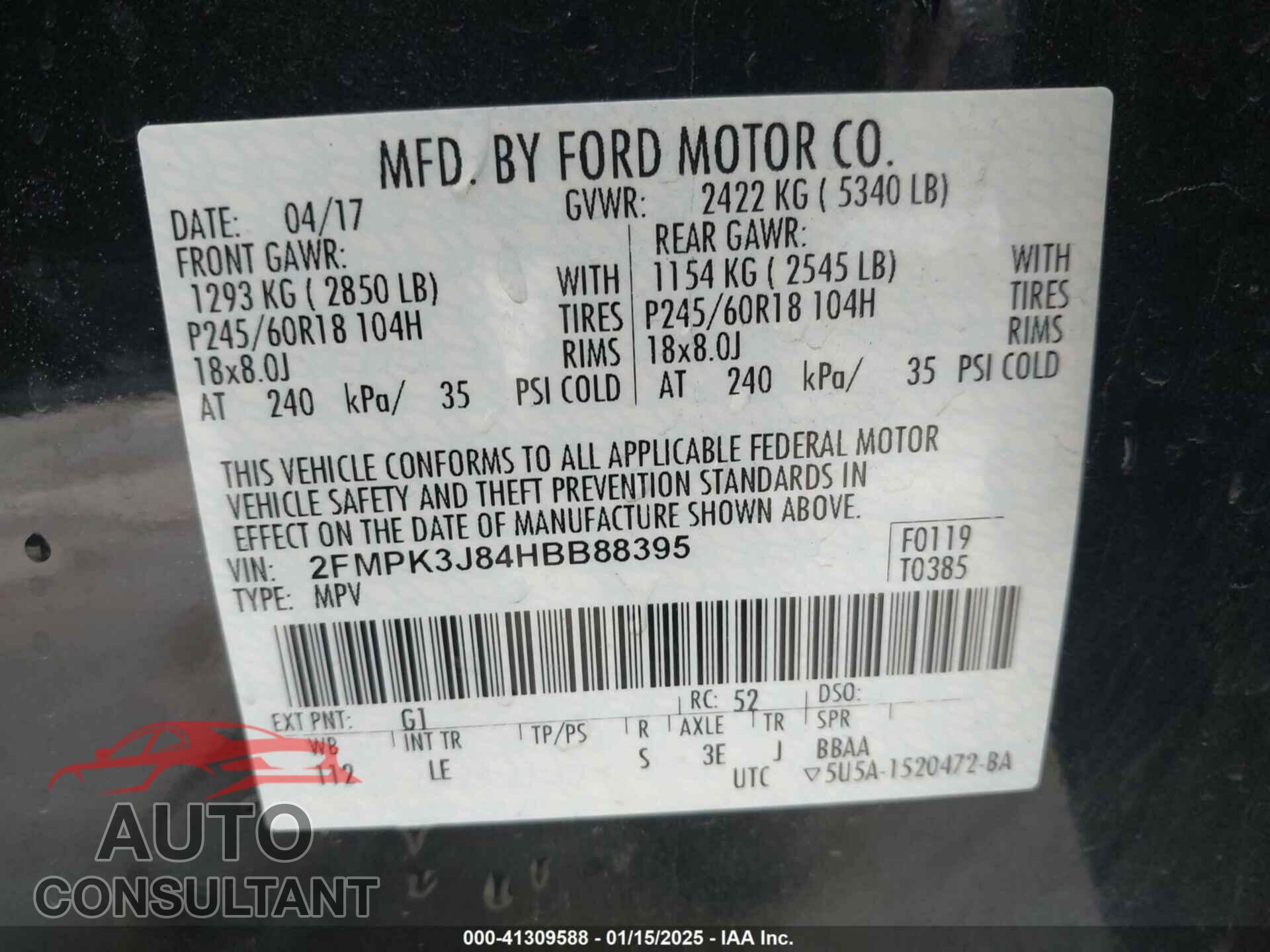 FORD EDGE 2017 - 2FMPK3J84HBB88395