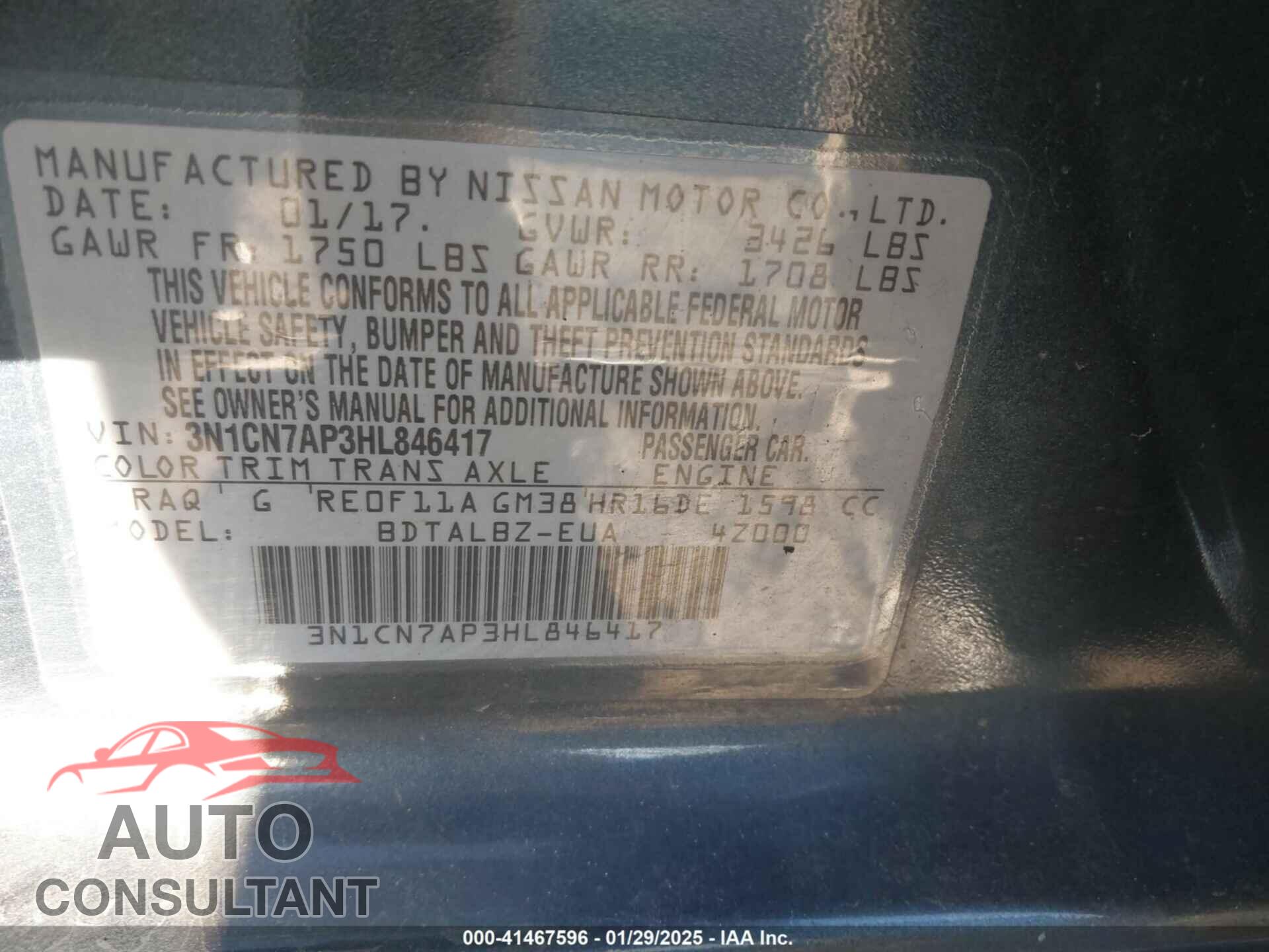 NISSAN VERSA 2017 - 3N1CN7AP3HL846417