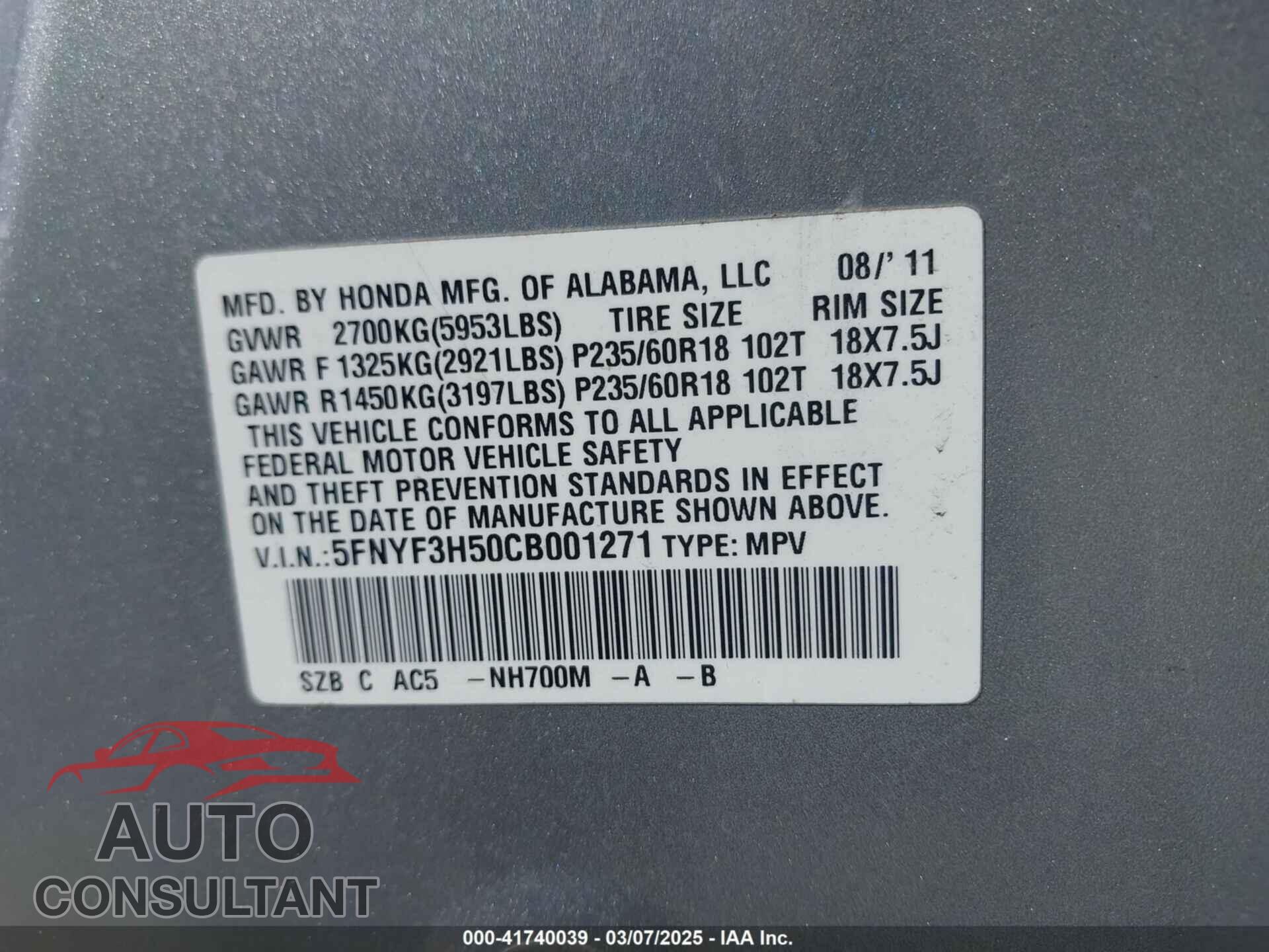 HONDA PILOT 2012 - 5FNYF3H50CB001271
