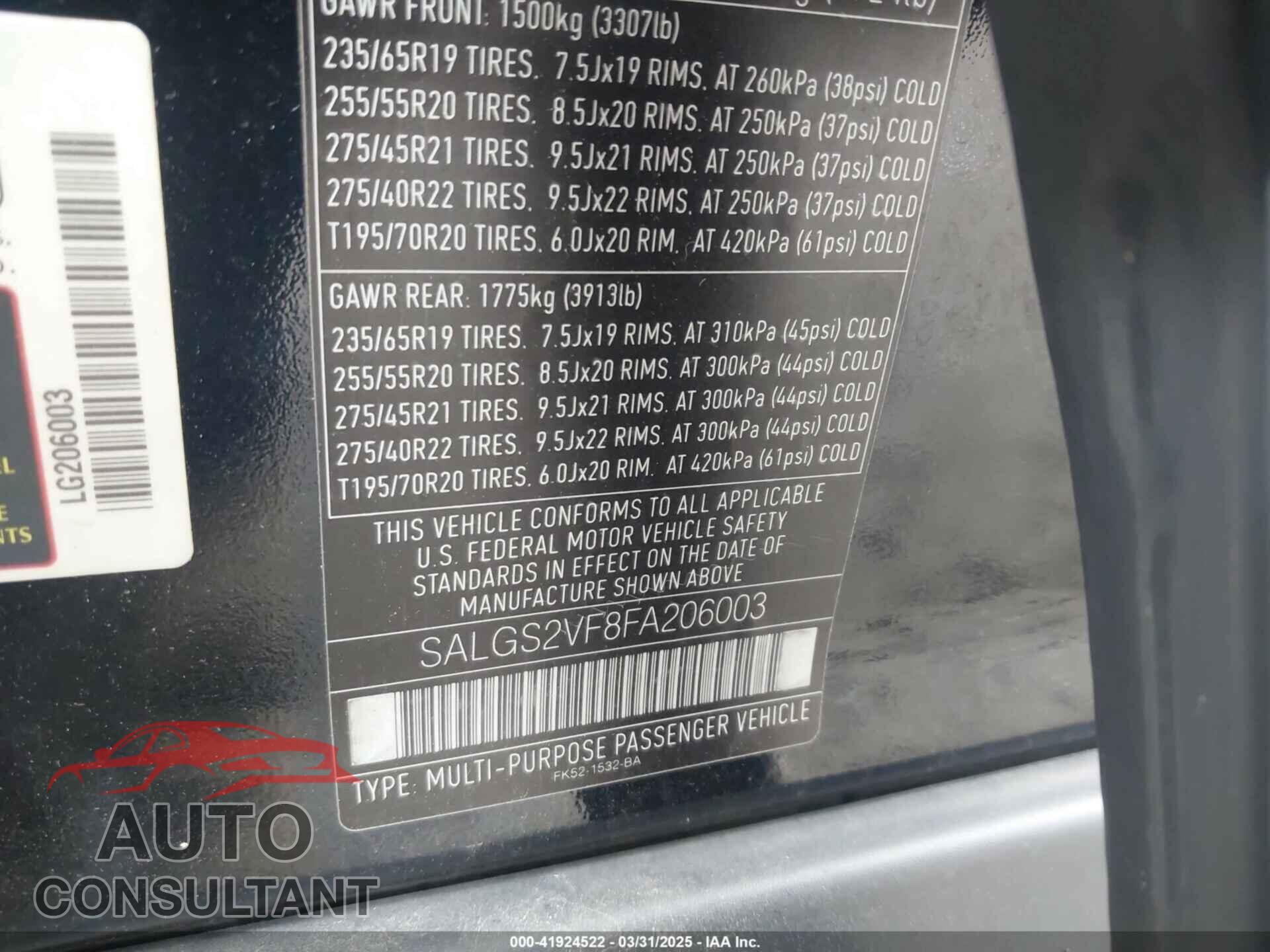 LAND ROVER RANGE ROVER 2015 - SALGS2VF8FA206003