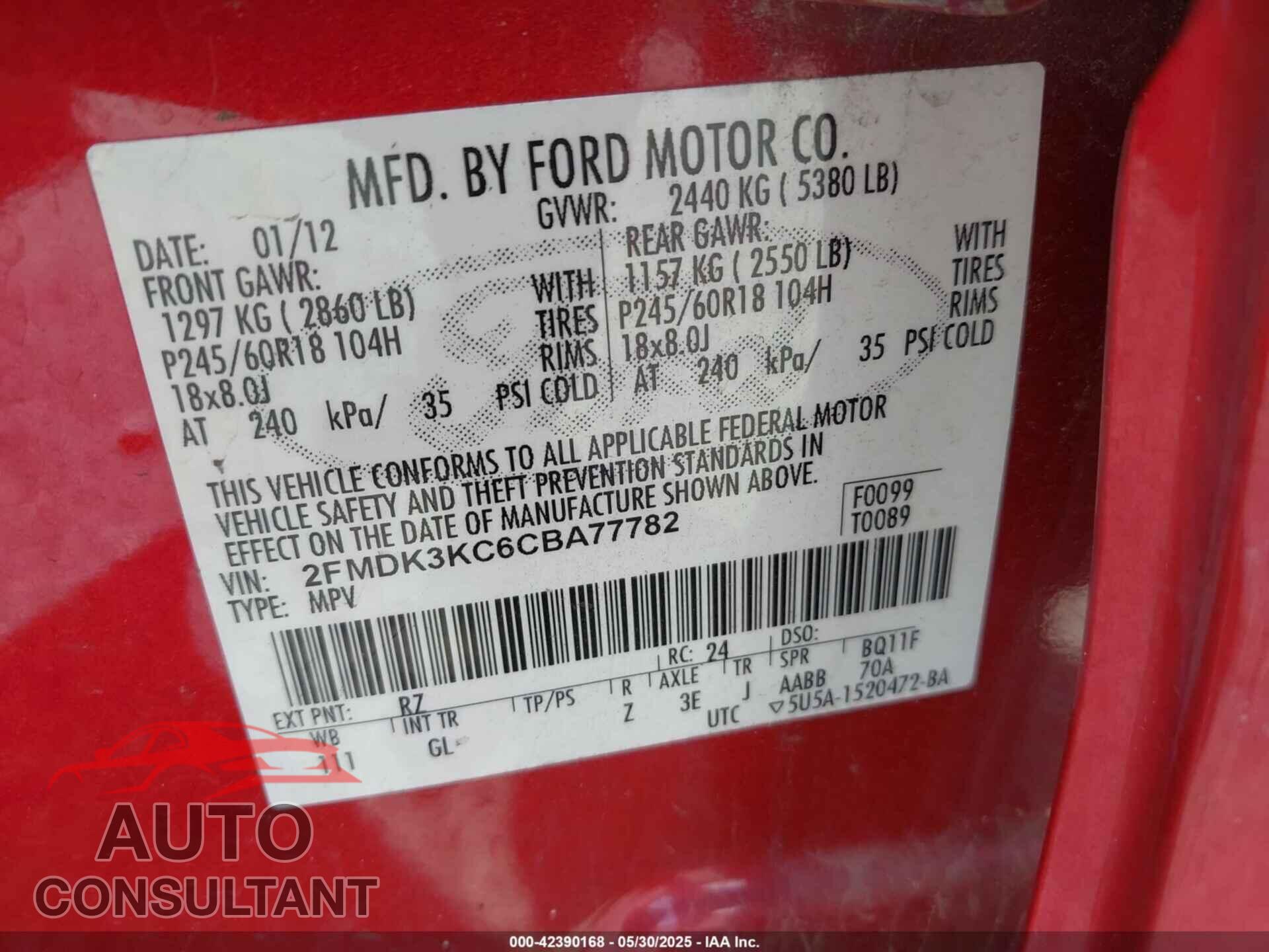 FORD EDGE 2012 - 2FMDK3KC6CBA77782