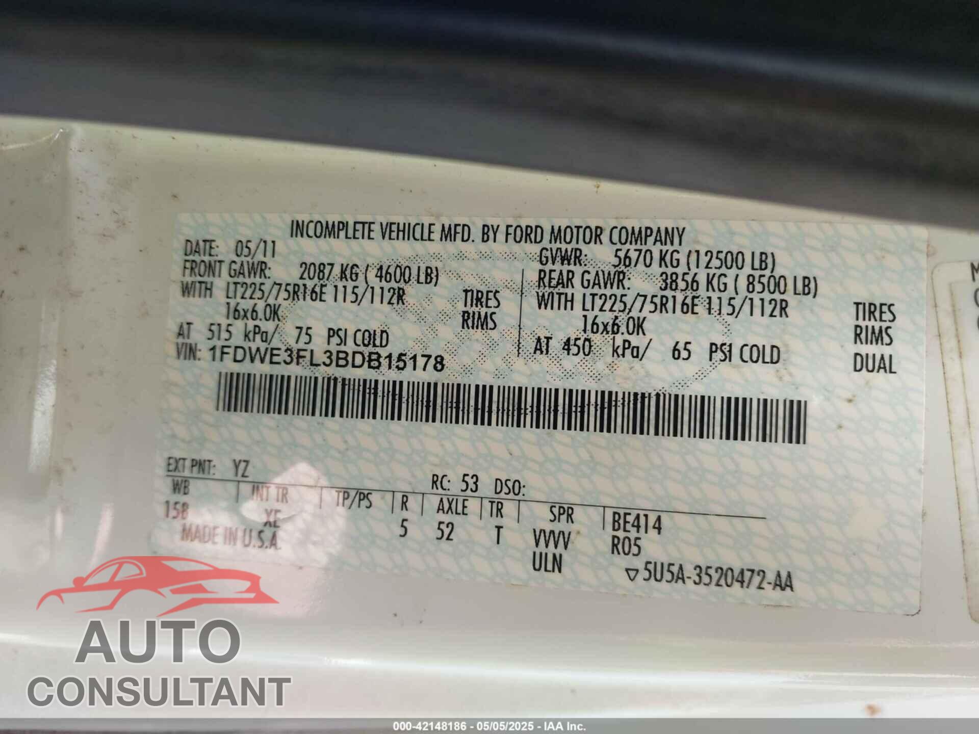 FORD E-350 CUTAWAY 2011 - 1FDWE3FL3BDB15178