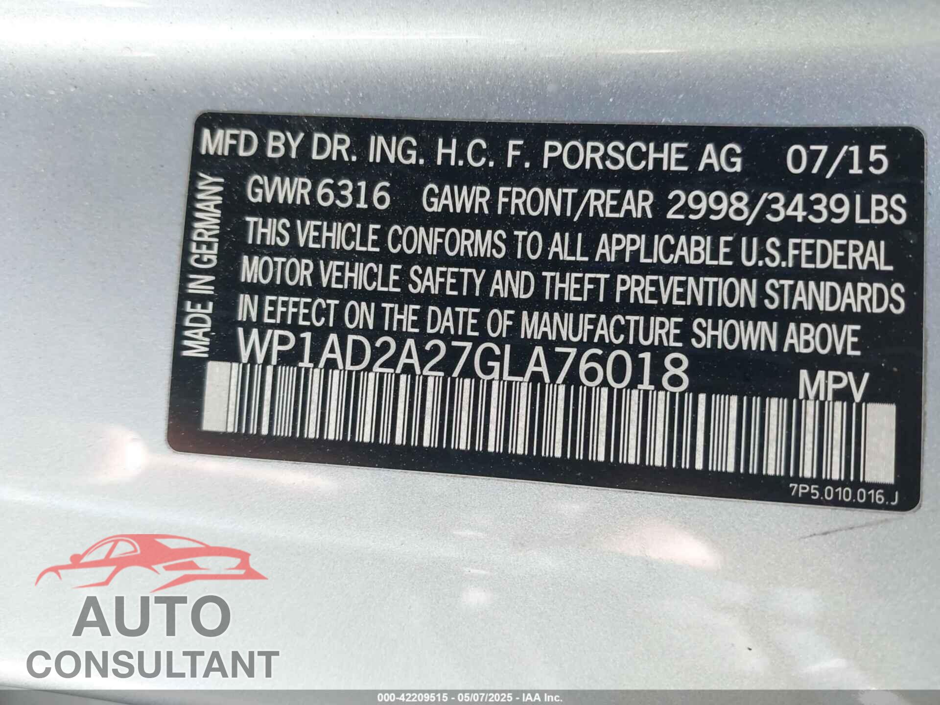 PORSCHE CAYENNE 2016 - WP1AD2A27GLA76018