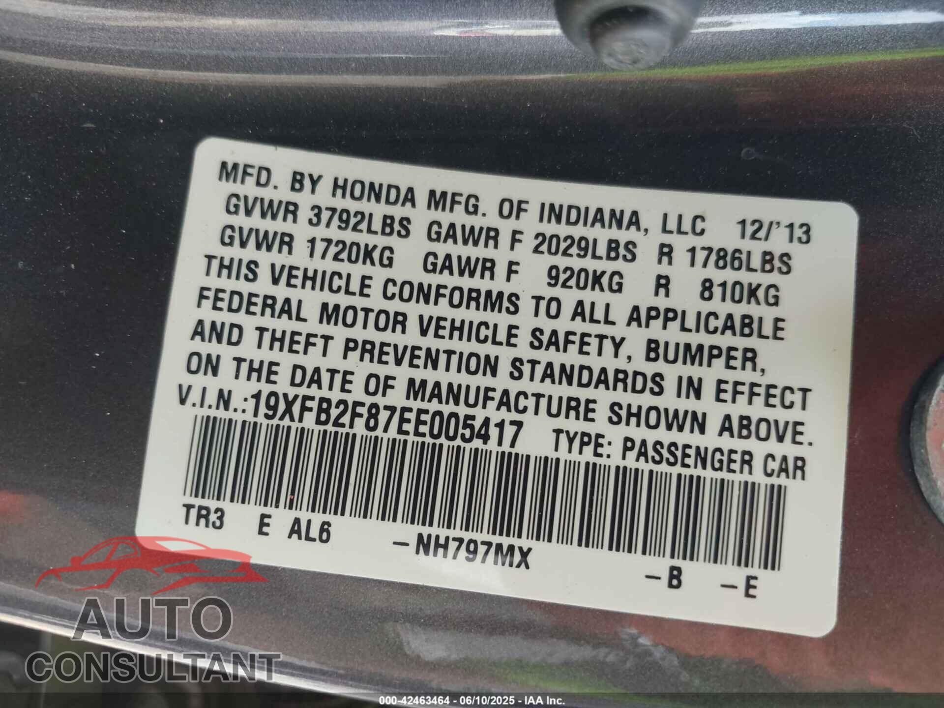 HONDA CIVIC 2014 - 19XFB2F87EE005417