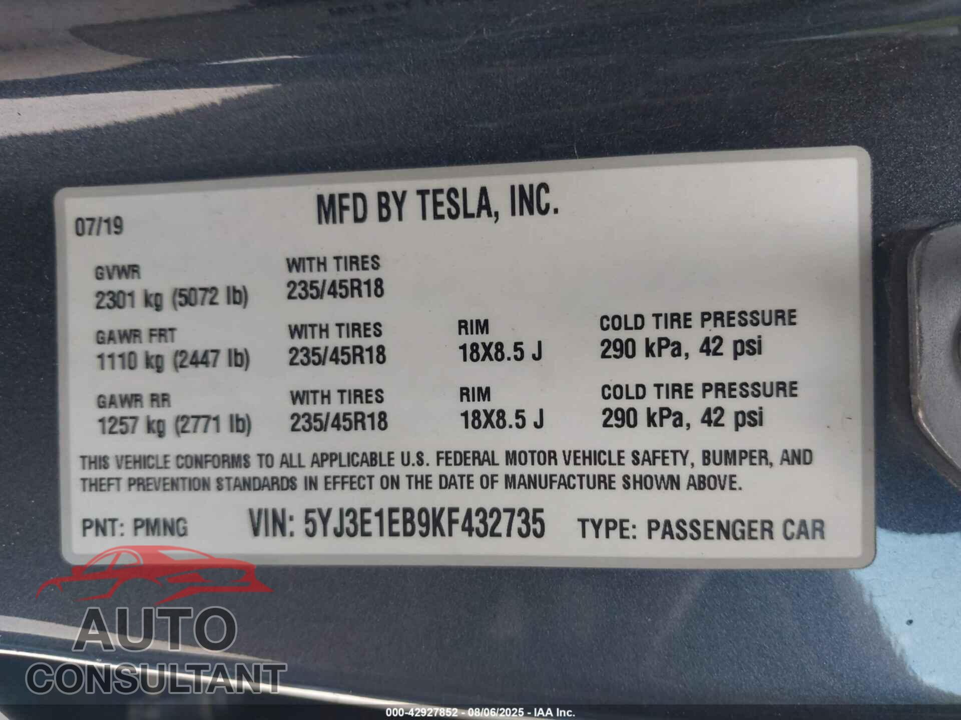 TESLA MODEL 3 2019 - 5YJ3E1EB9KF432735