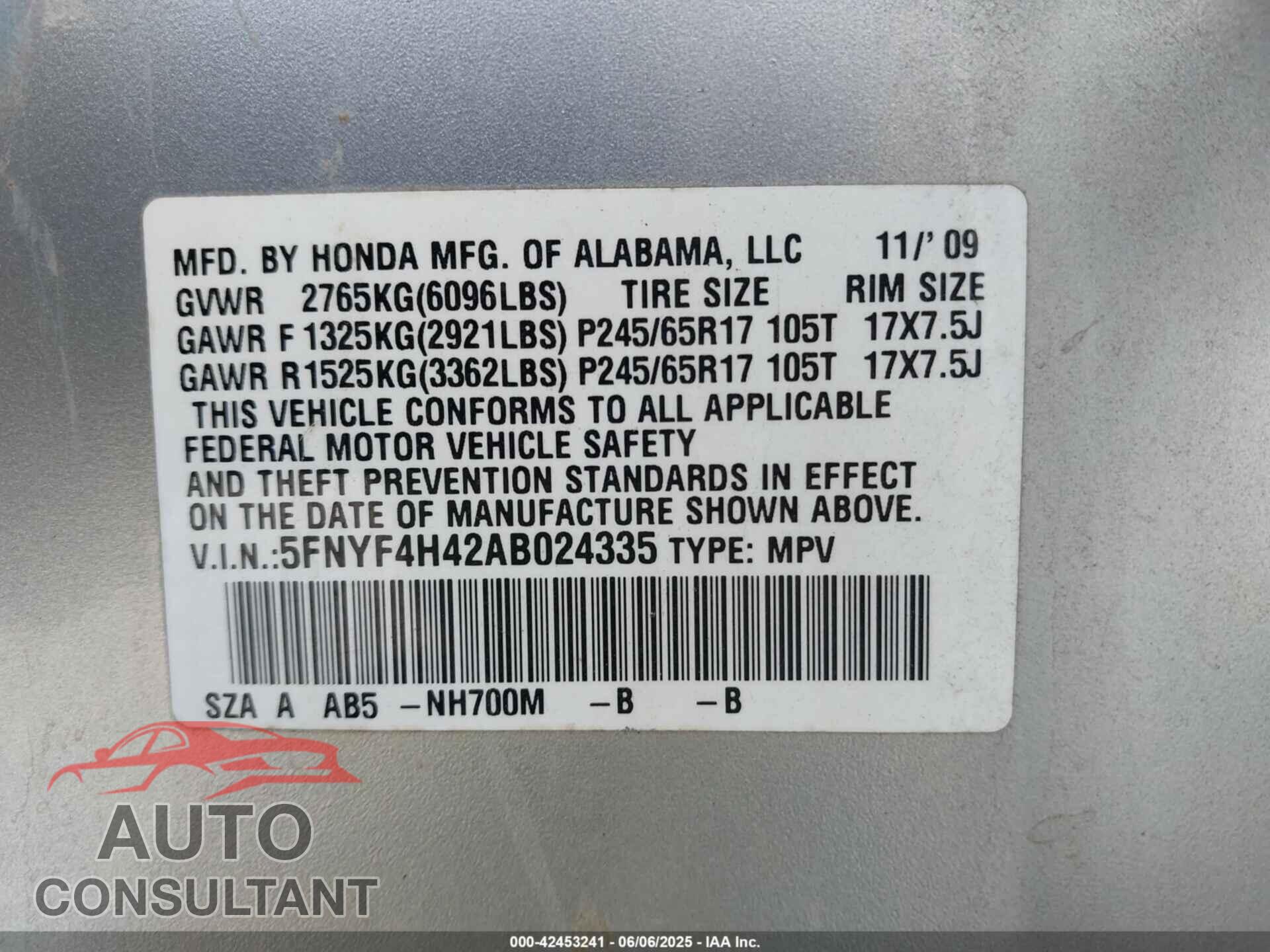 HONDA PILOT 2010 - 5FNYF4H42AB024335