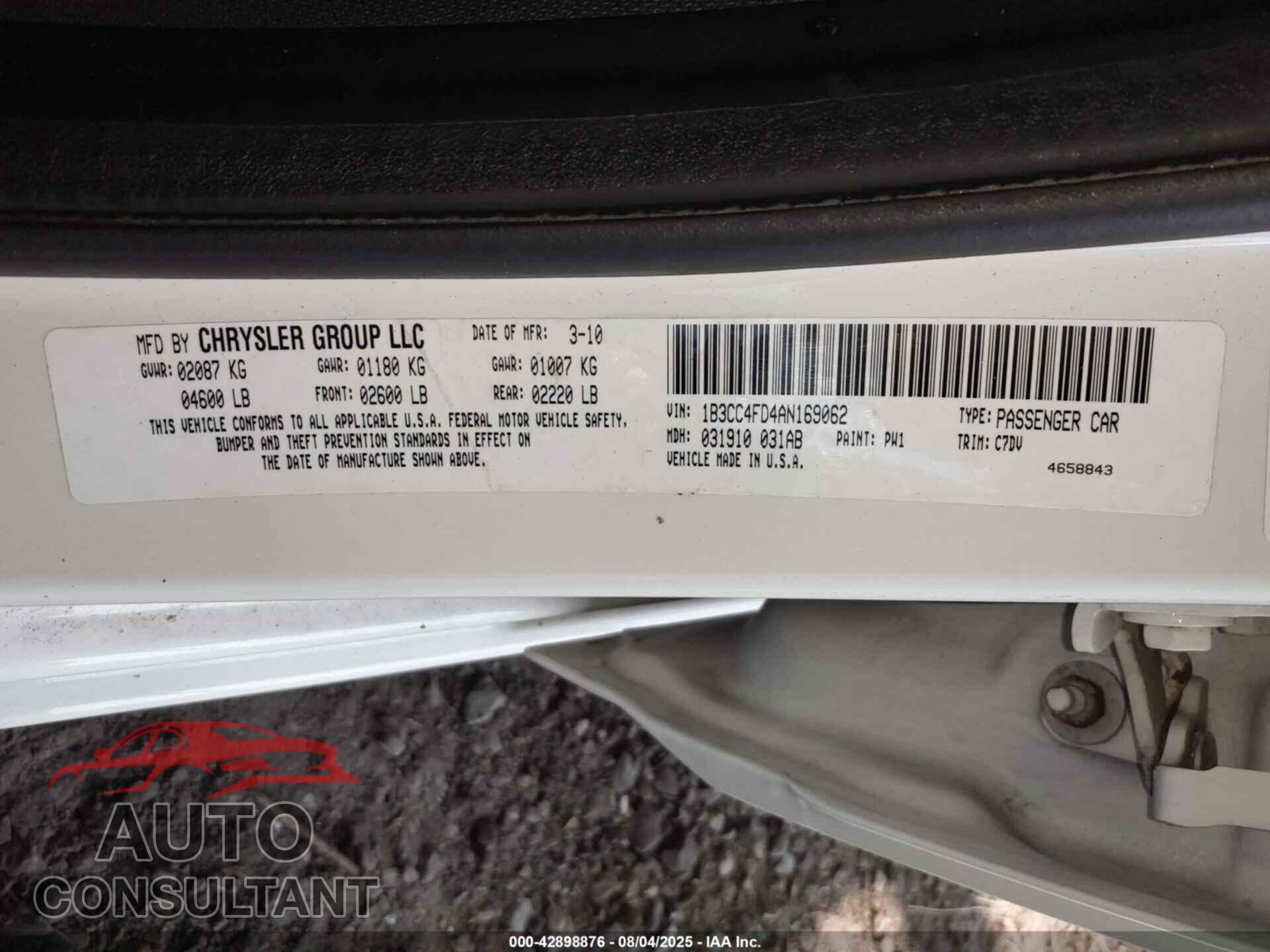 DODGE AVENGER 2010 - 1B3CC4FD4AN169062