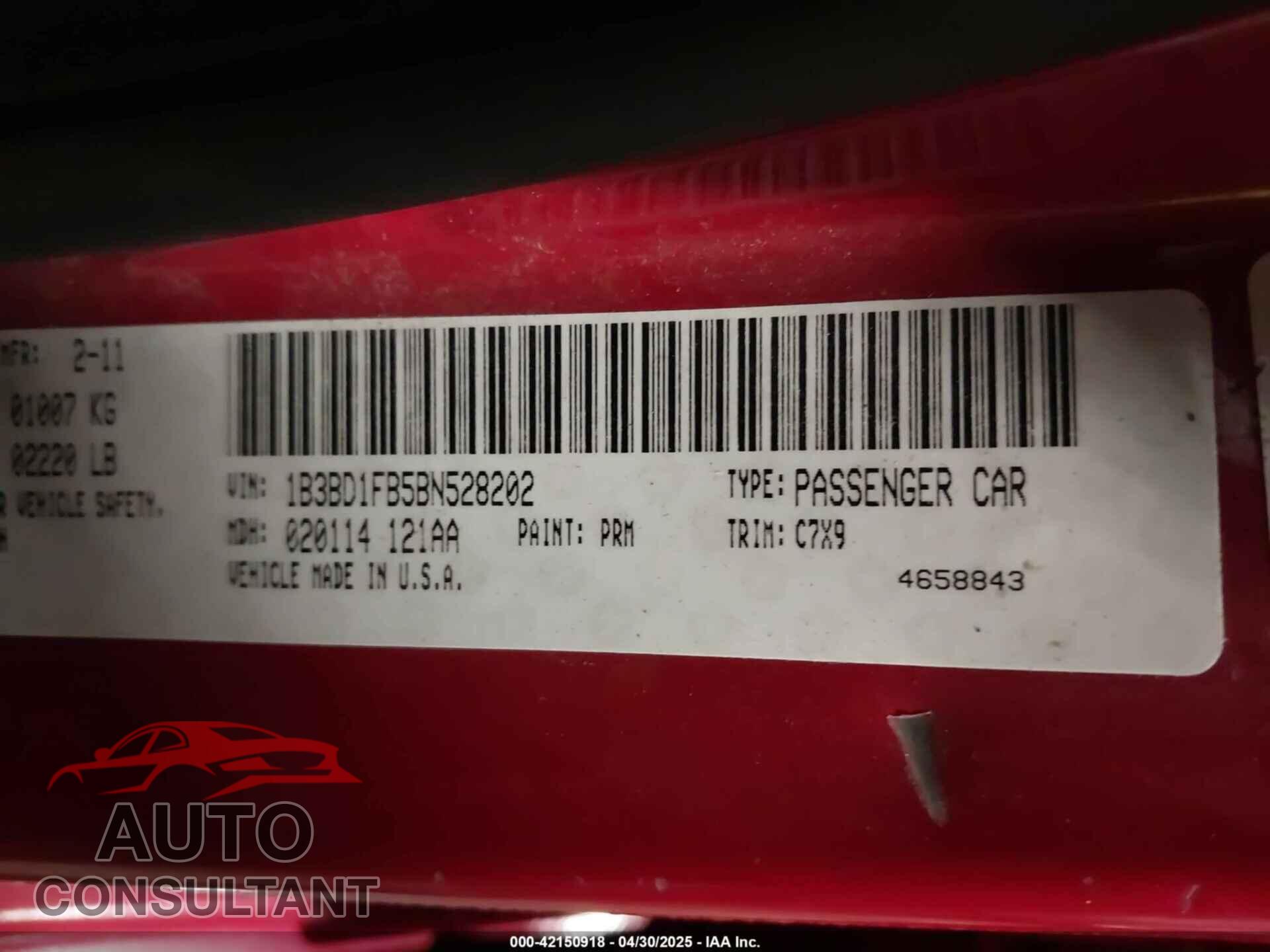 DODGE AVENGER 2011 - 1B3BD1FB5BN528202