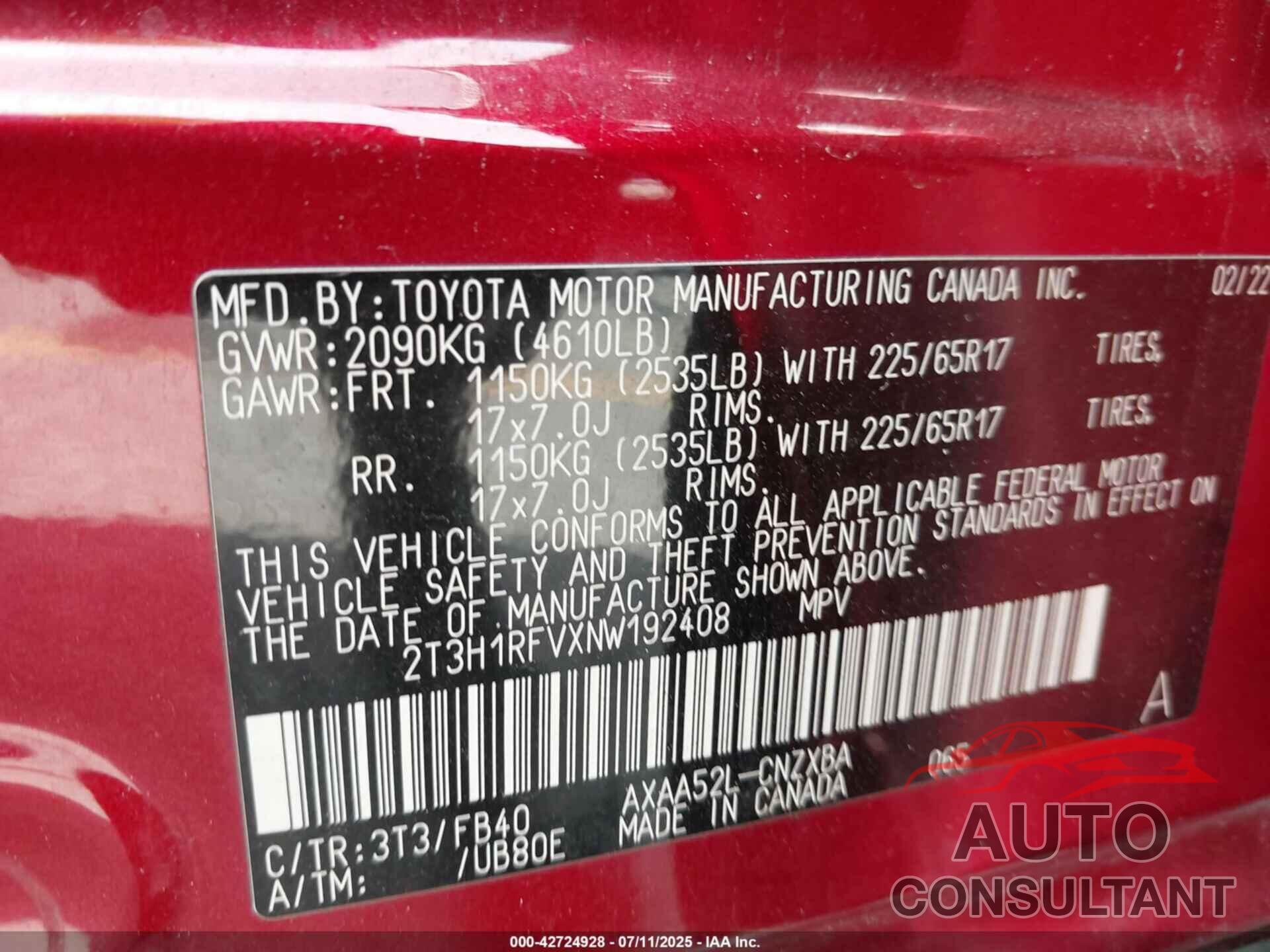 TOYOTA RAV4 2022 - 2T3H1RFVXNW192408