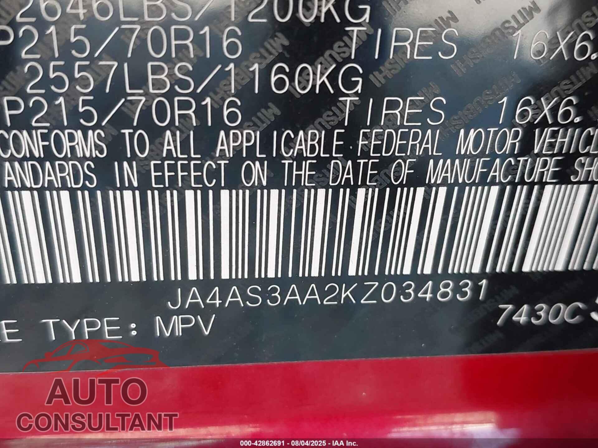 MITSUBISHI ECLIPSE CROSS 2019 - JA4AS3AA2KZ034831
