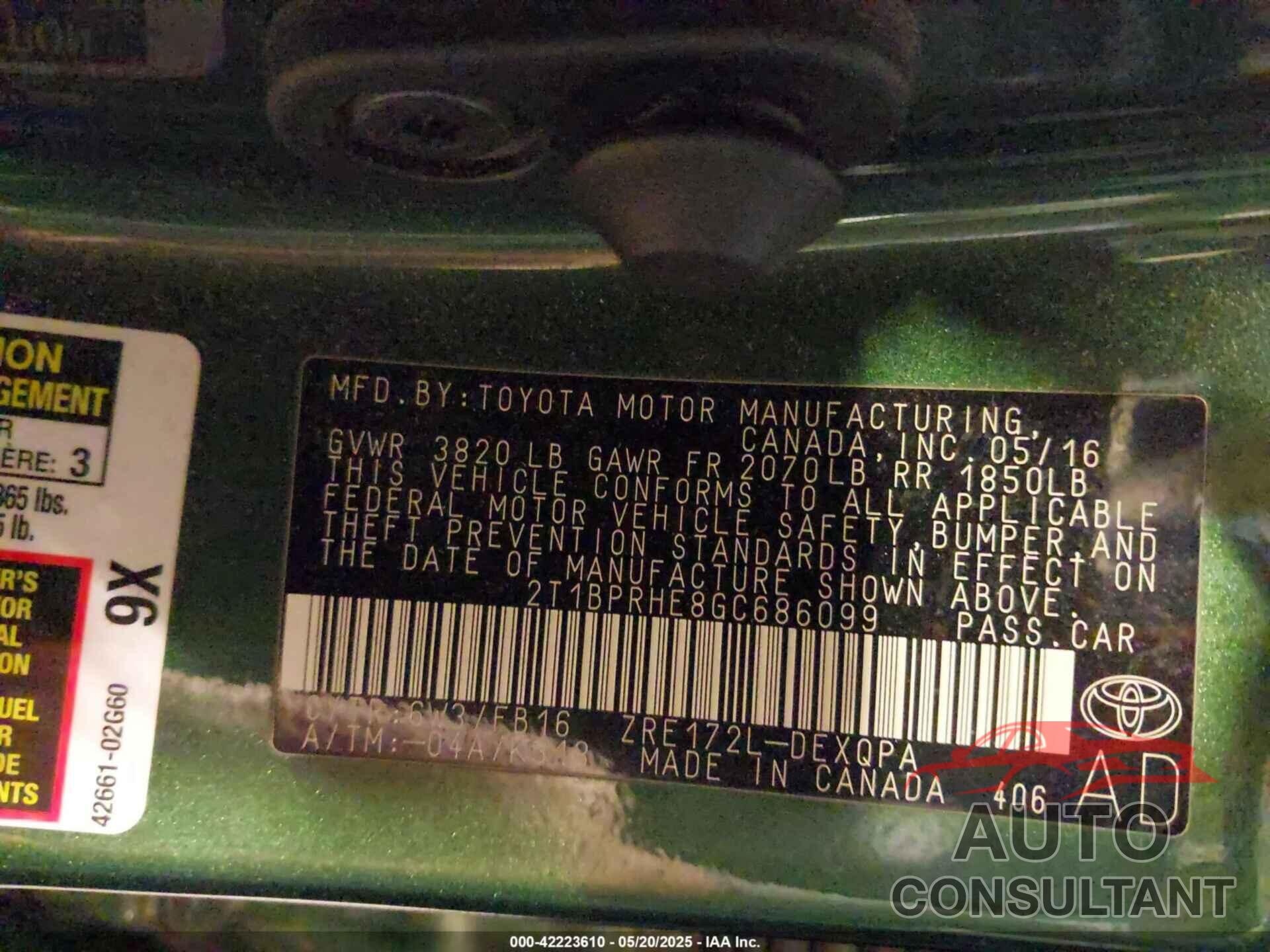 TOYOTA COROLLA 2016 - 2T1BPRHE8GC686099