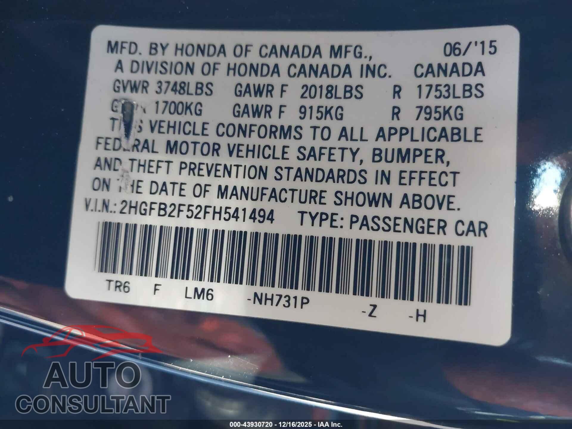 HONDA CIVIC 2015 - 2HGFB2F52FH541494