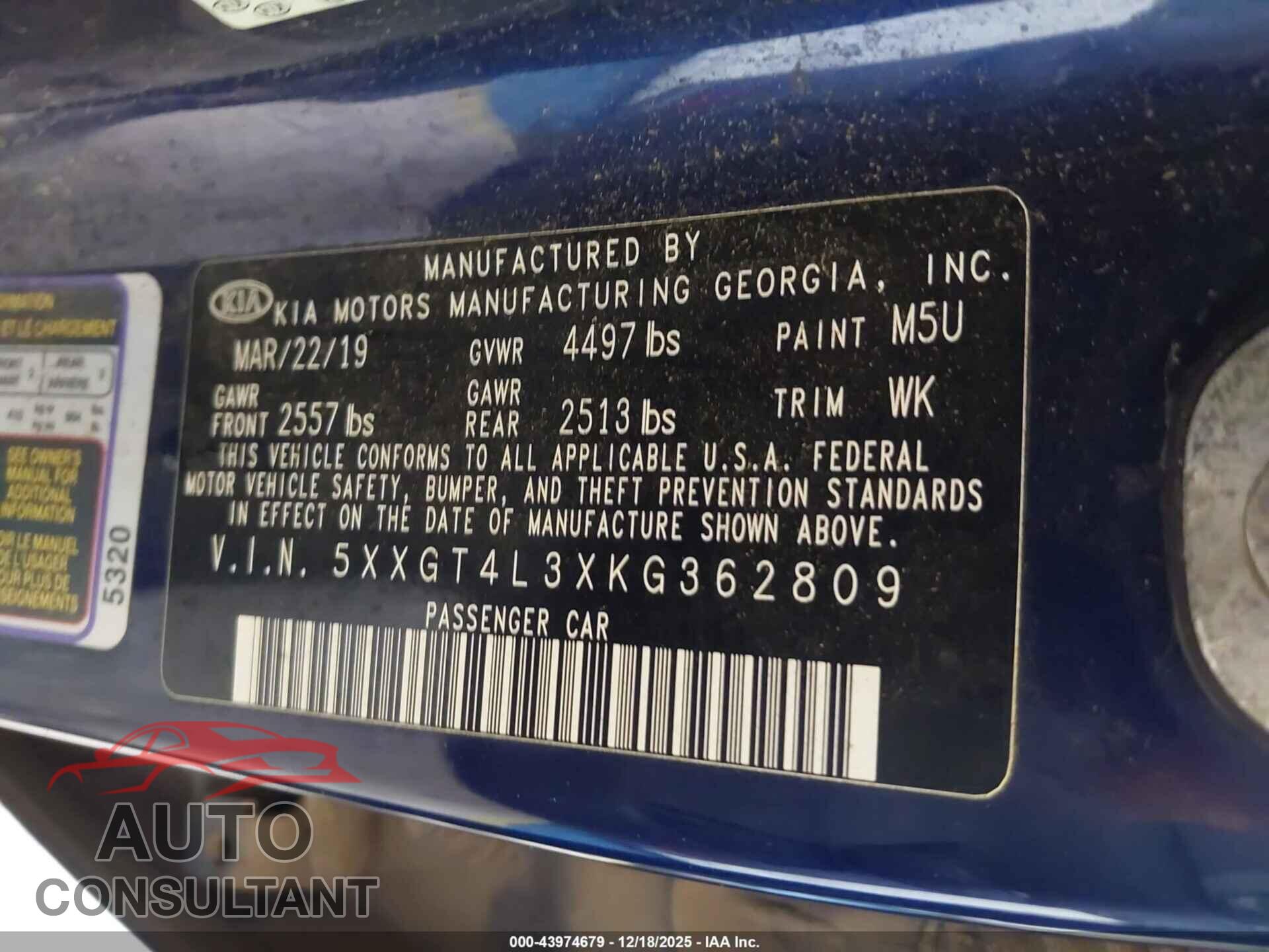 KIA OPTIMA 2019 - 5XXGT4L3XKG362809