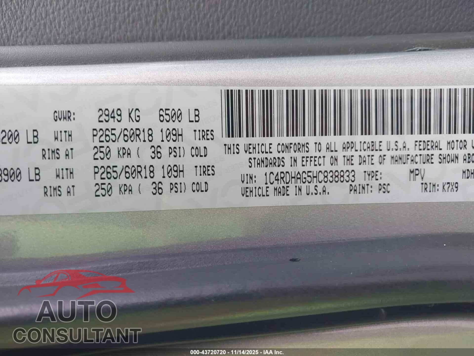 DODGE DURANGO 2017 - 1C4RDHAG5HC838833