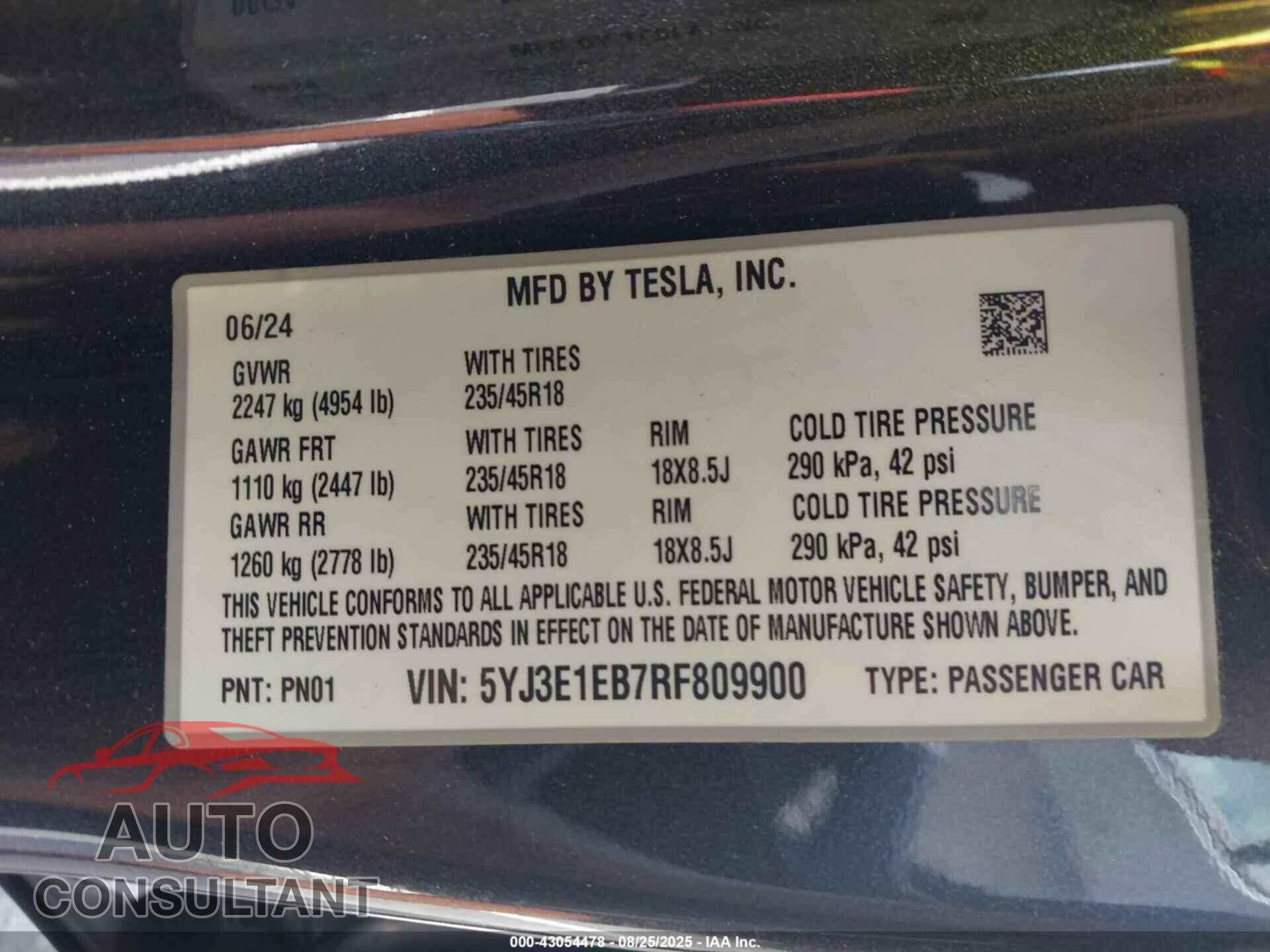 TESLA MODEL 3 2024 - 5YJ3E1EB7RF809900