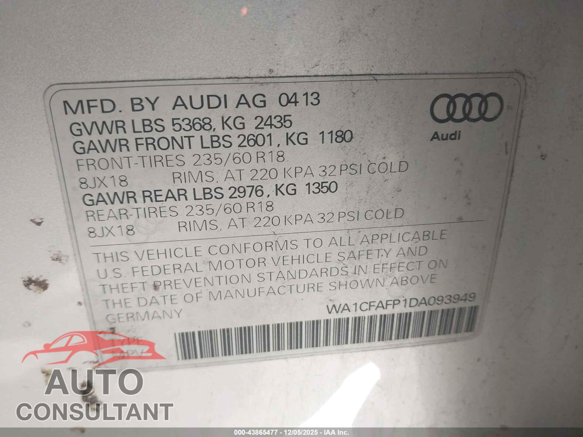 AUDI Q5 2013 - WA1CFAFP1DA093949