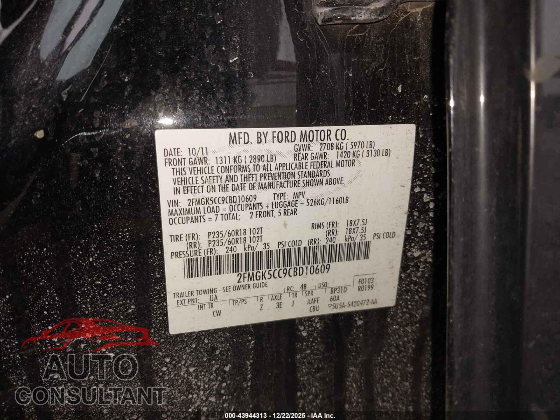 FORD FLEX 2012 - 2FMGK5CC9CBD10609
