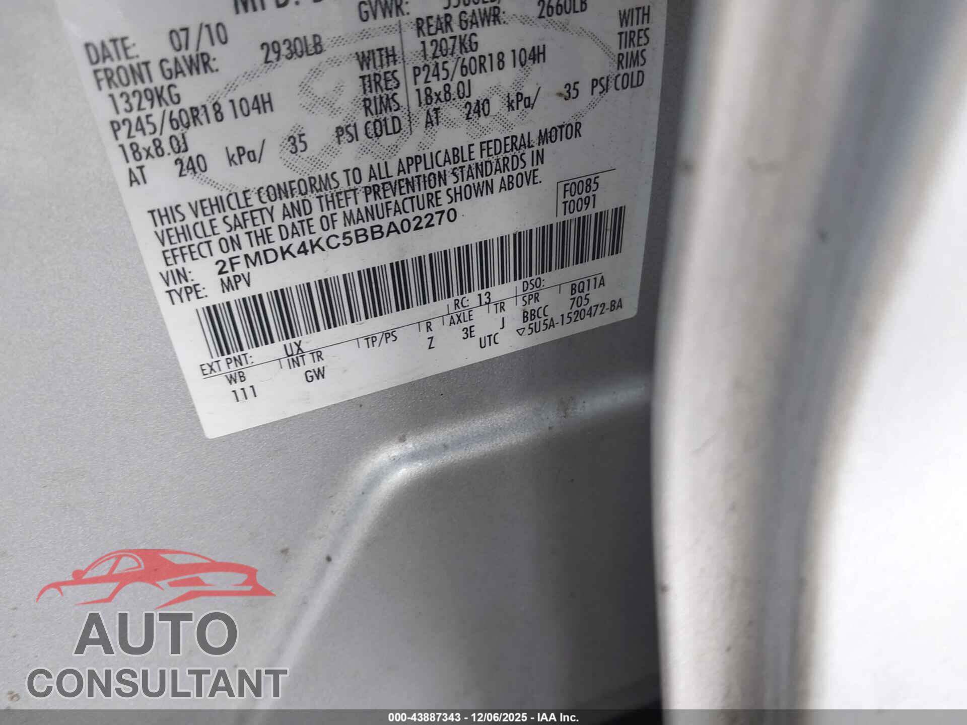 FORD EDGE 2011 - 2FMDK4KC5BBA02270