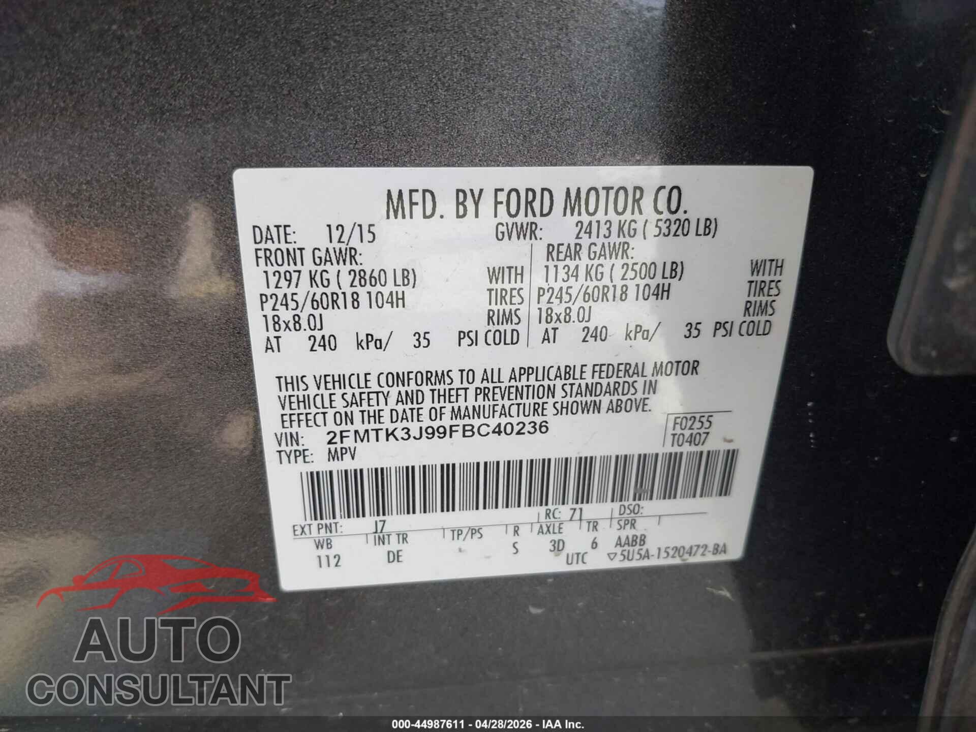 FORD EDGE 2015 - 2FMTK3J99FBC40236
