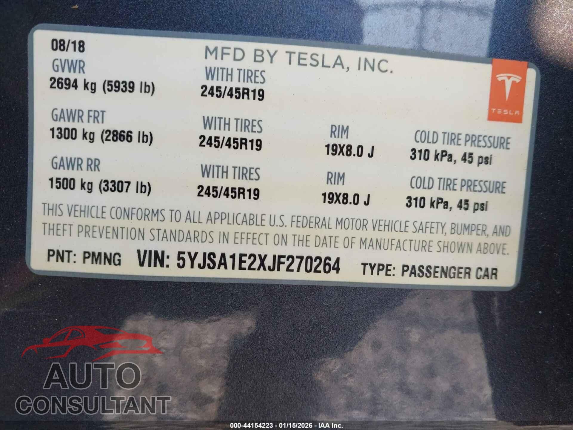 TESLA MODEL S 2018 - 5YJSA1E2XJF270264