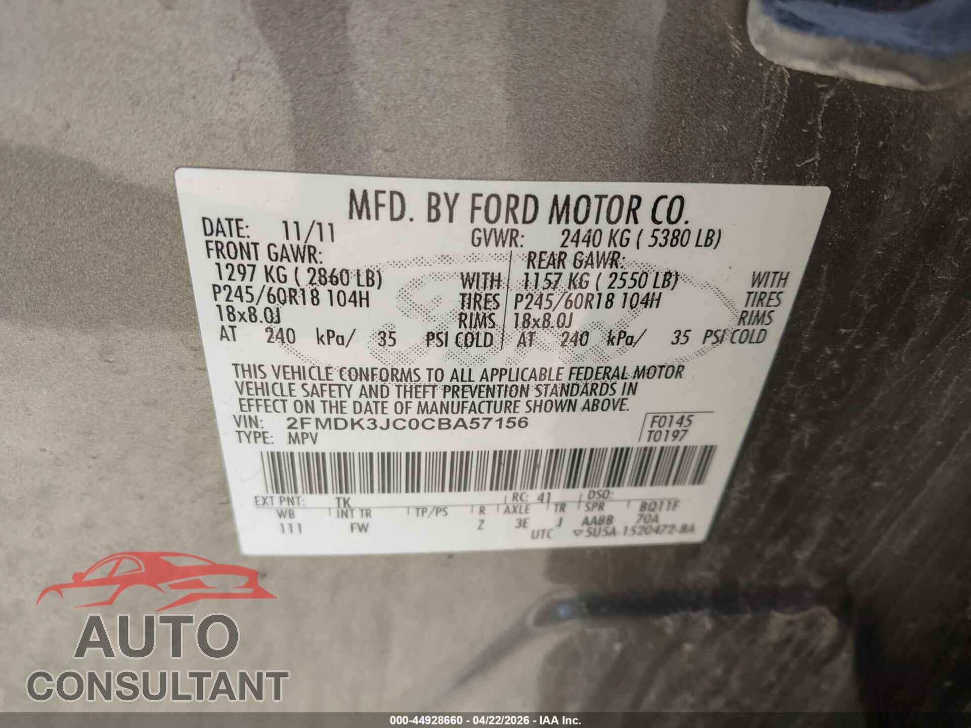 FORD EDGE 2012 - 2FMDK3JC0CBA57156