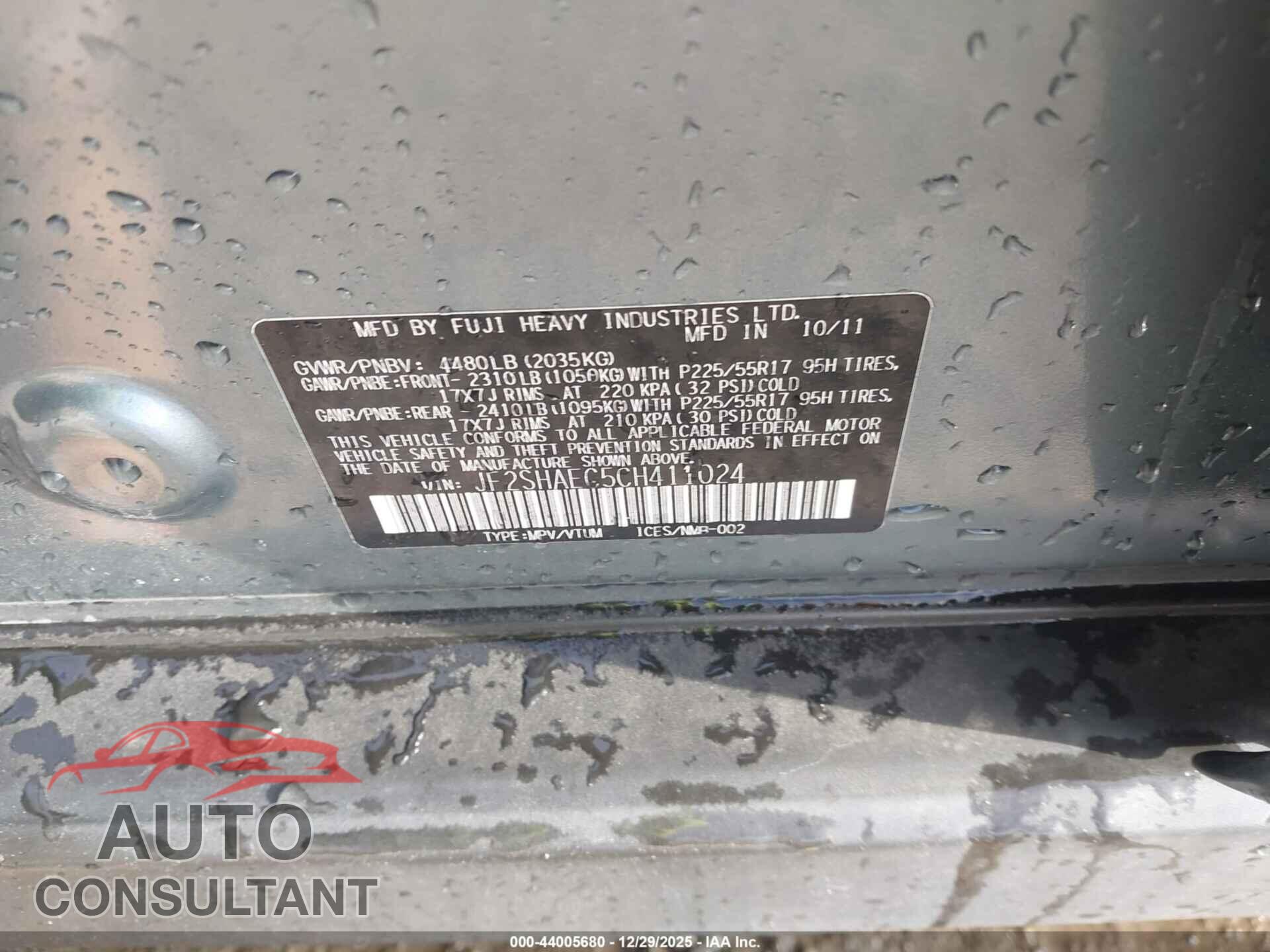SUBARU FORESTER 2012 - JF2SHAEC5CH411024