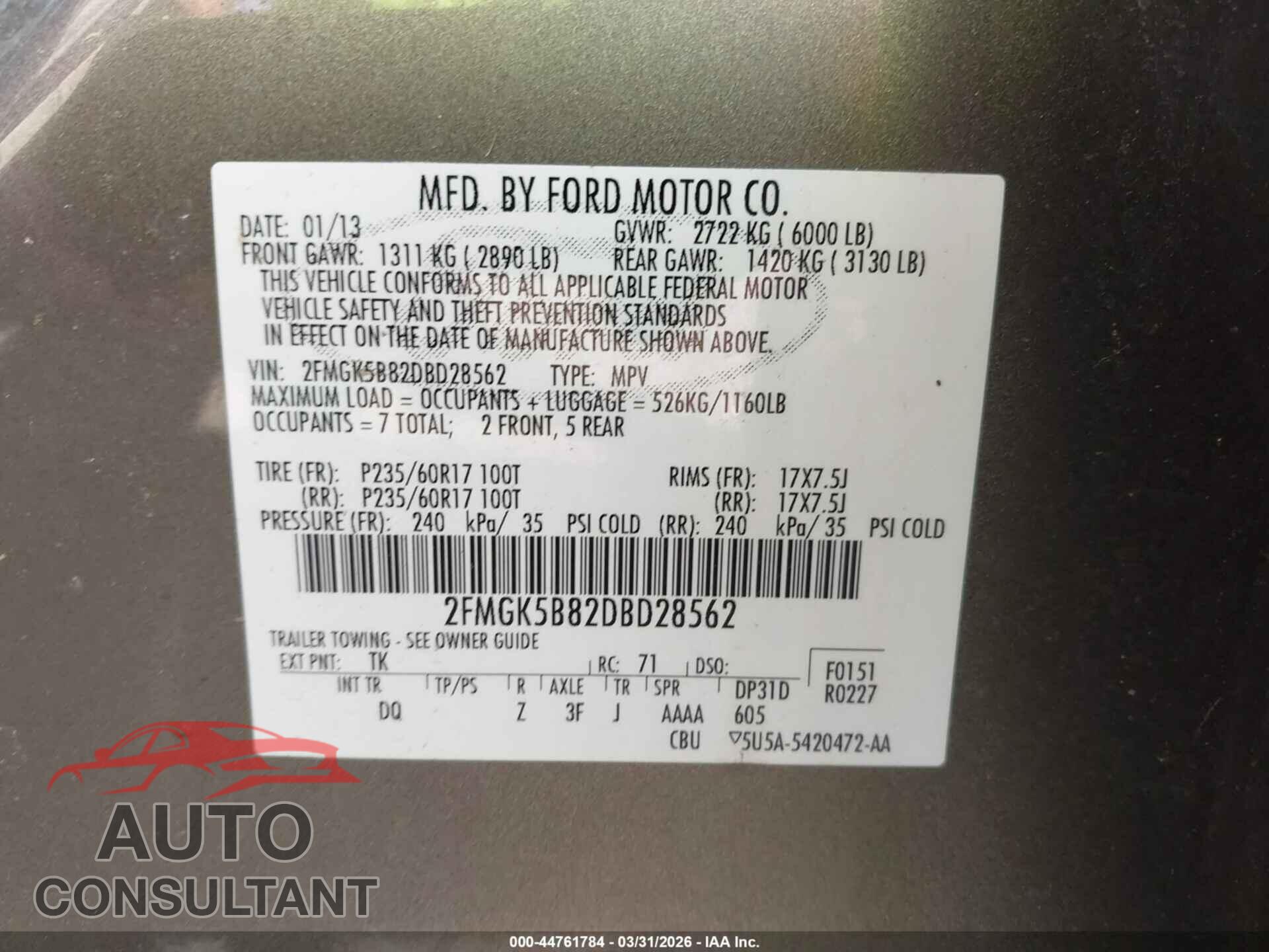FORD FLEX 2013 - 2FMGK5B82DBD28562