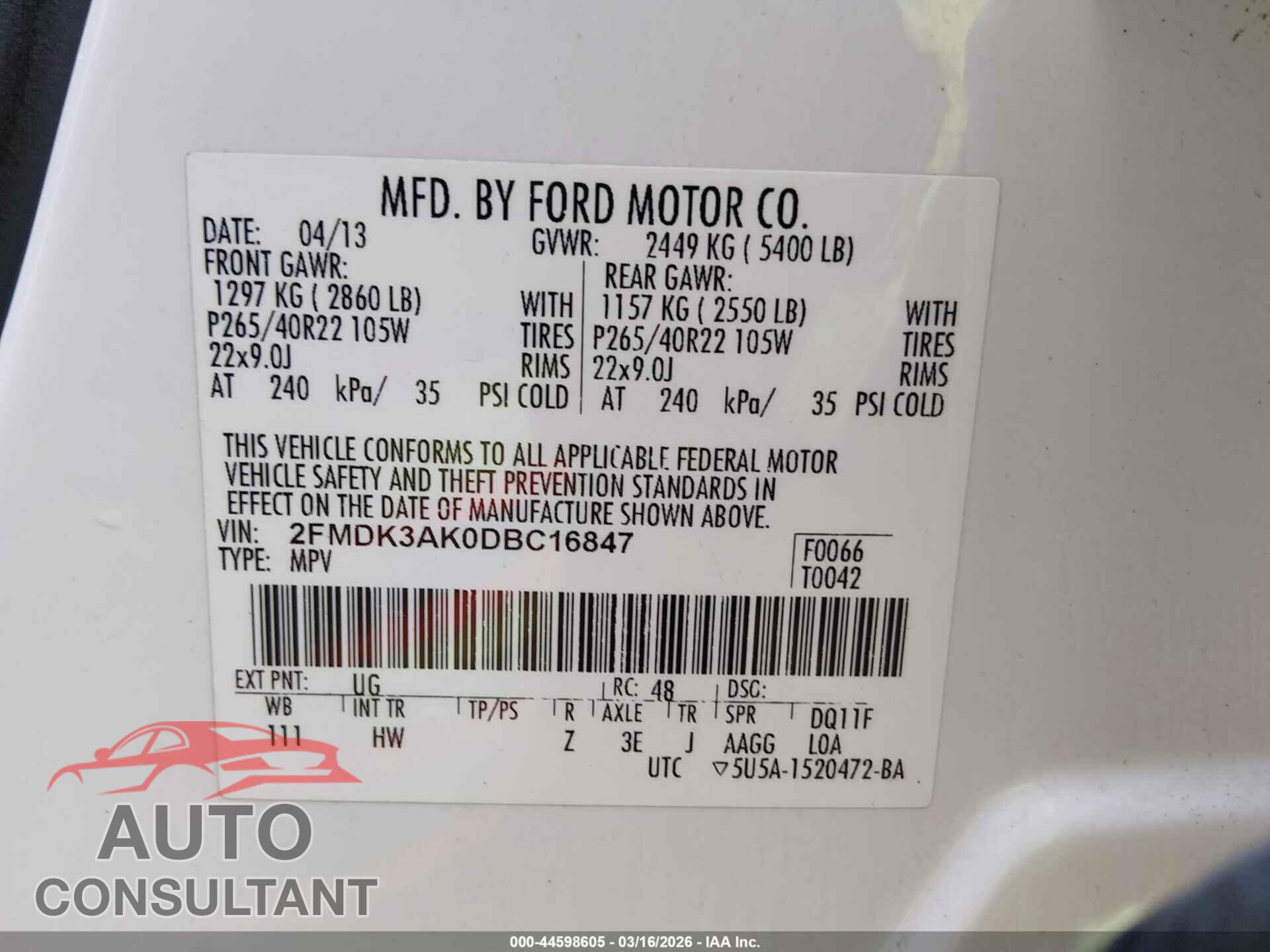 FORD EDGE 2013 - 2FMDK3AKODBC16847