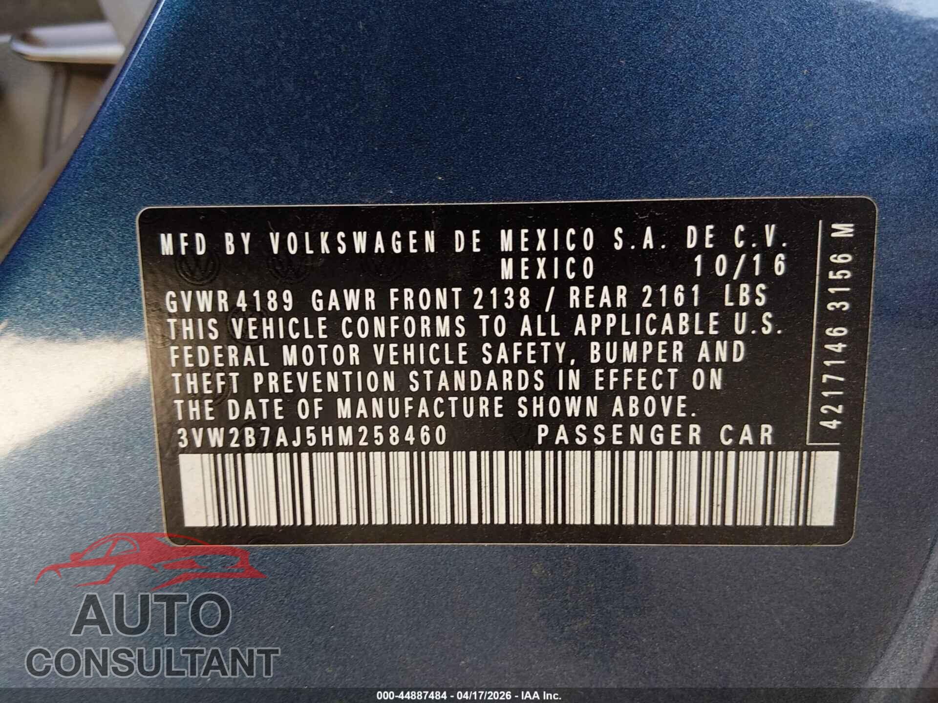VOLKSWAGEN JETTA 2017 - 3VW2B7AJ5HM258460