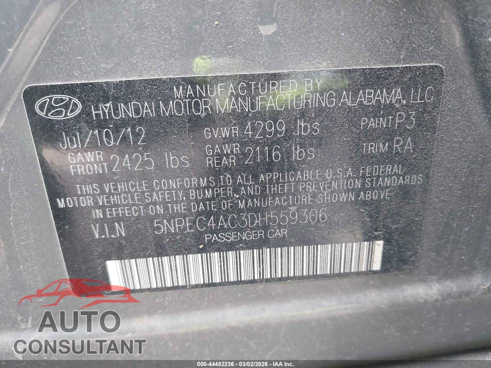 HYUNDAI SONATA 2013 - 5NPEC4AC3DH559306