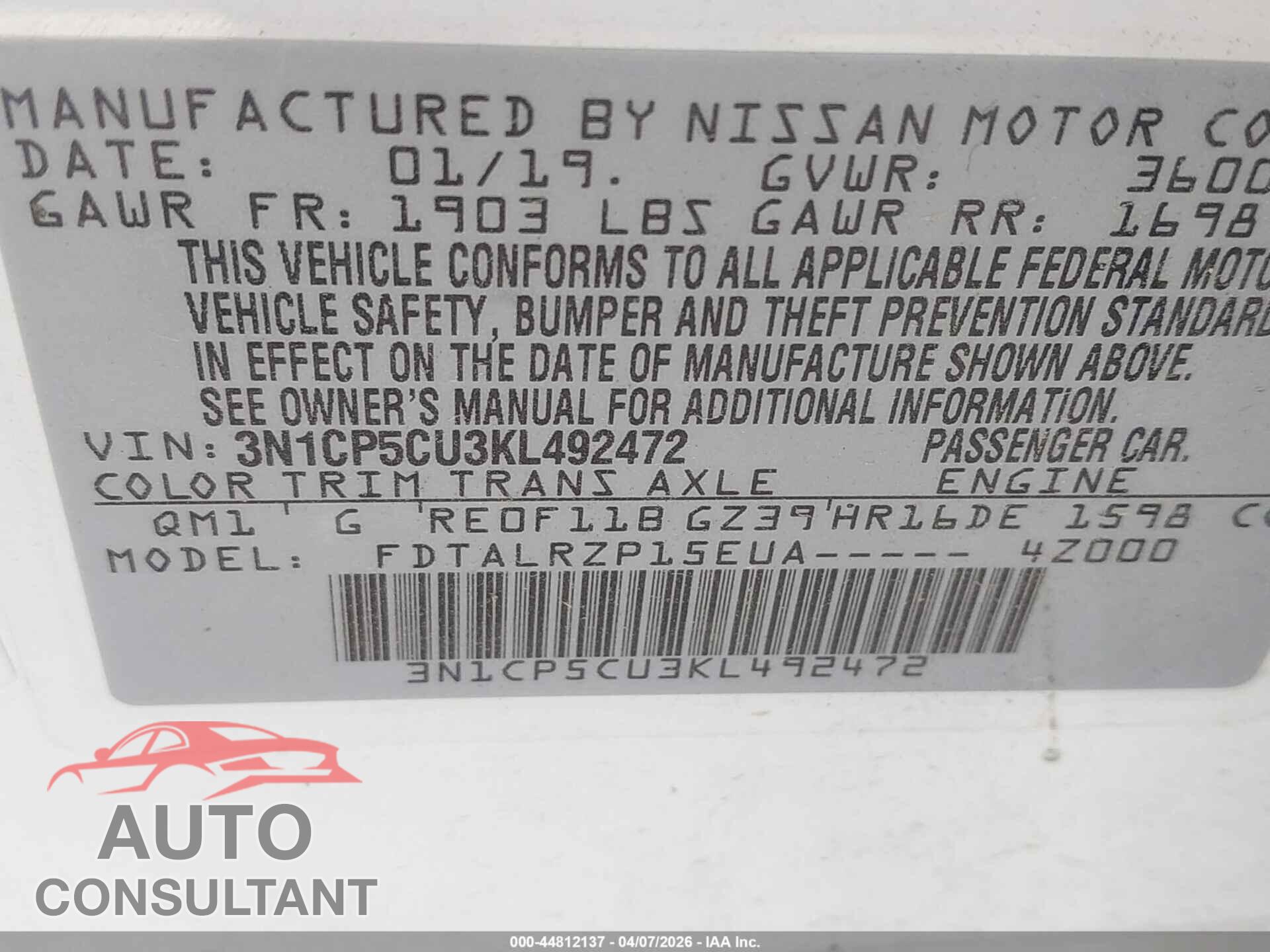NISSAN KICKS 2019 - 3N1CP5CU3KL492472