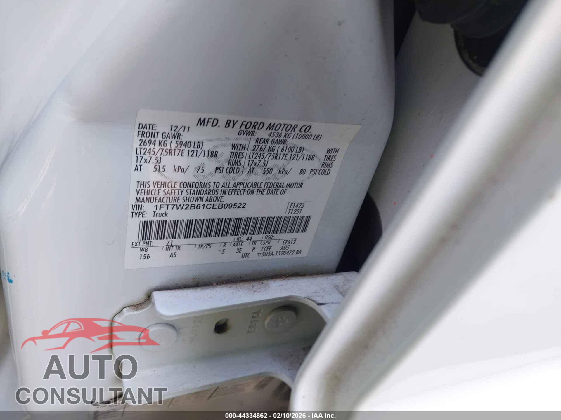 FORD F-250 2012 - 1FT7W2B61CEB09522