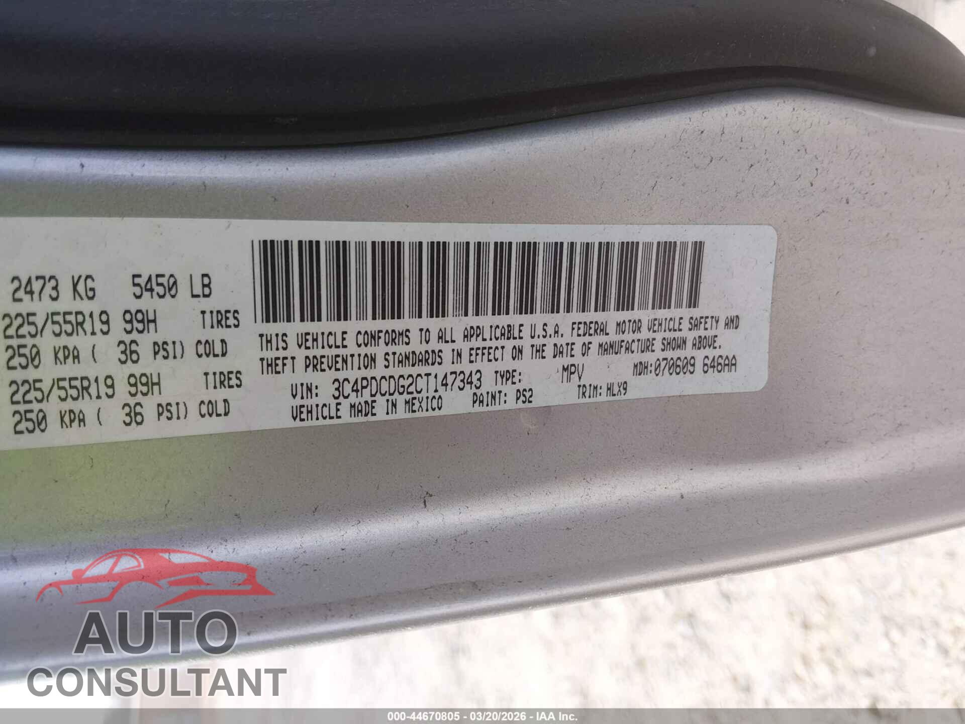 DODGE JOURNEY 2012 - 3C4PDCDG2CT147343