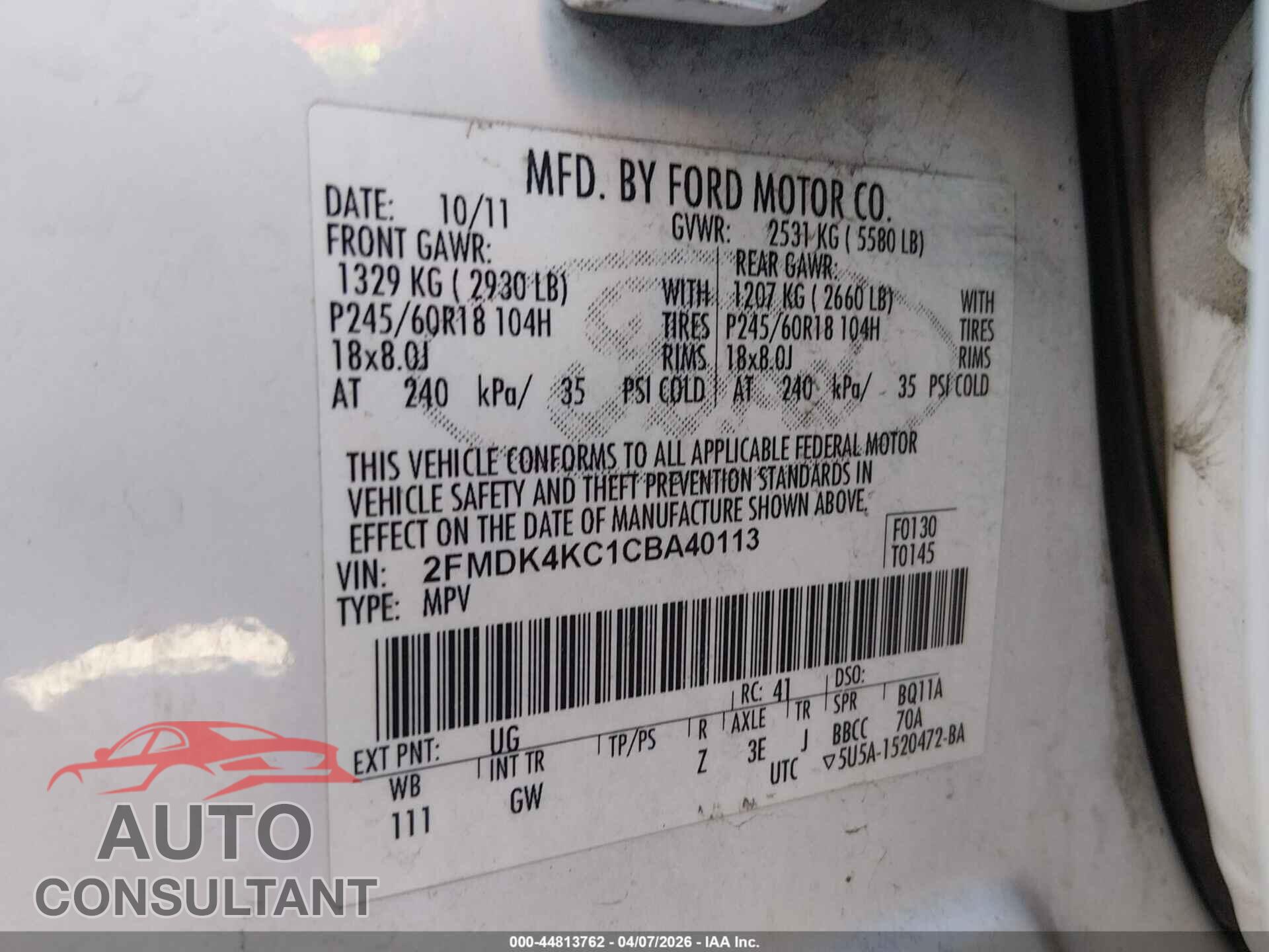 FORD EDGE 2012 - 2FMDK4KC1CBA40113