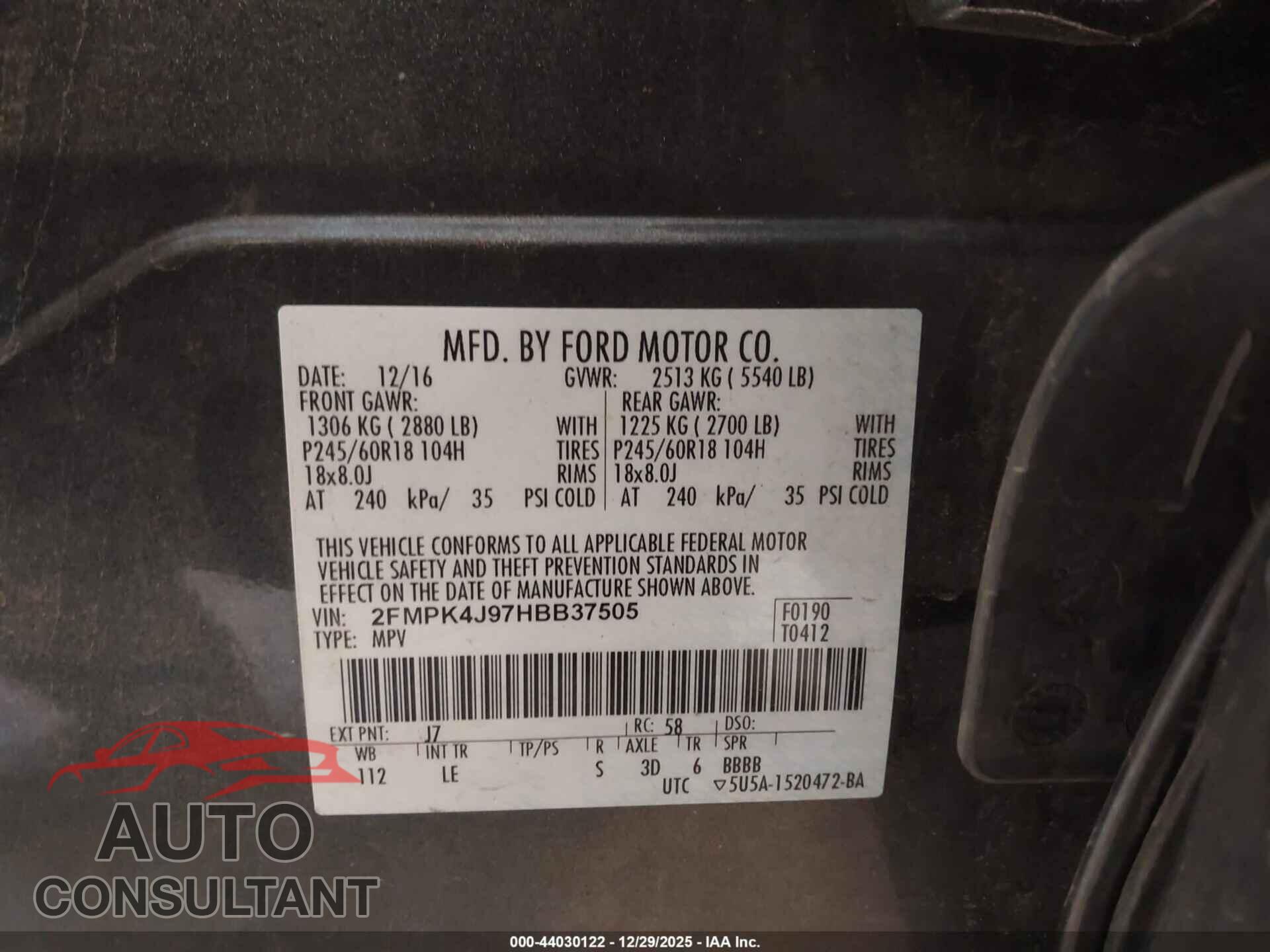 FORD EDGE 2017 - 2FMPK4J97HBB37505