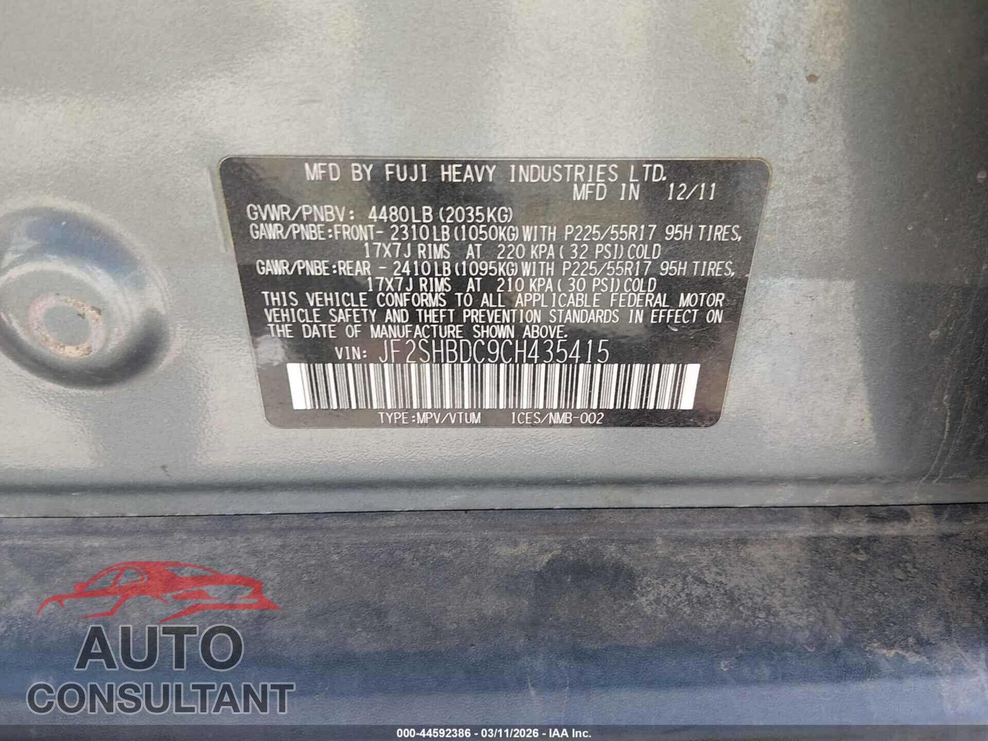 SUBARU FORESTER 2012 - JF2SHBDC9CH435415
