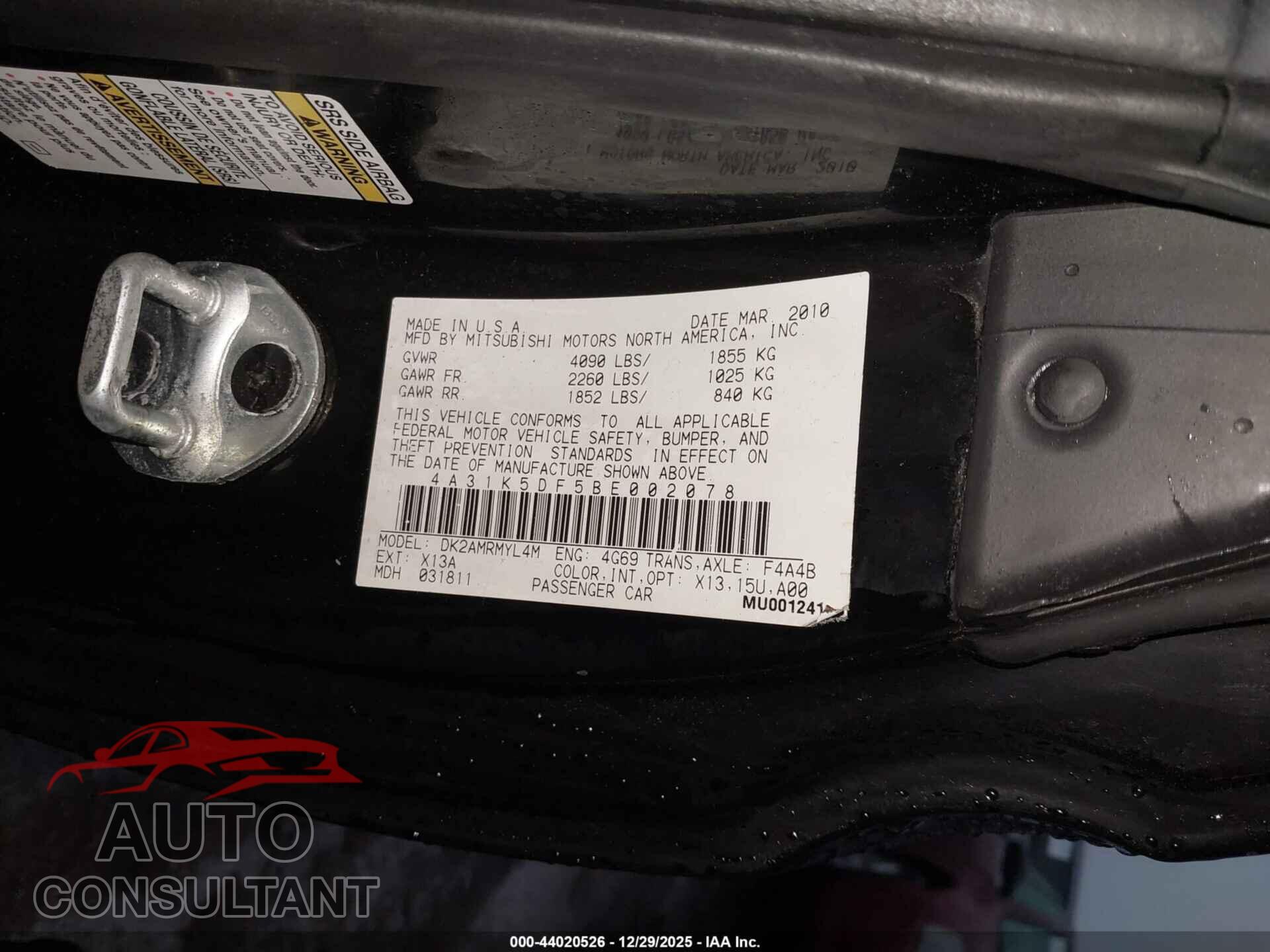 MITSUBISHI ECLIPSE 2011 - 4A31K5DF5BE002078