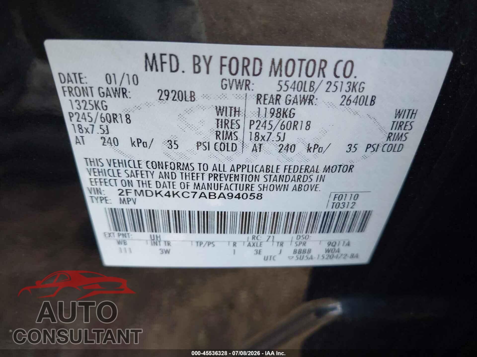 FORD EDGE 2010 - 2FMDK4KC7ABA94058
