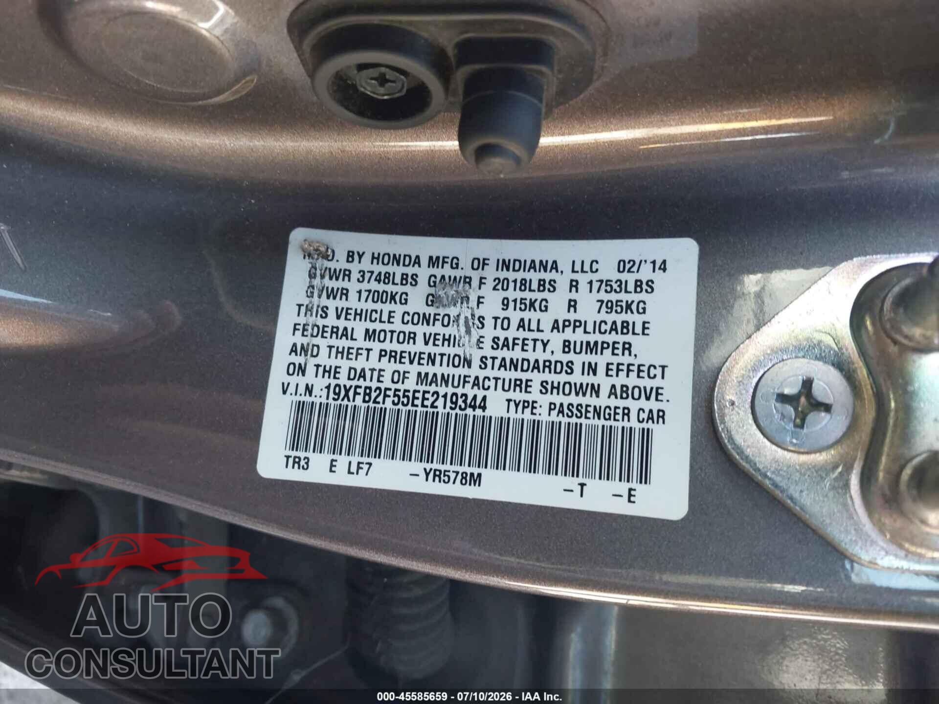 HONDA CIVIC 2014 - 19XFB2F55EE219344