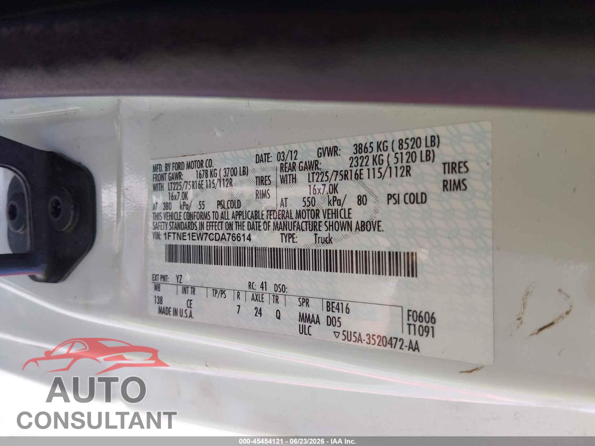 FORD E-150 2012 - 1FTNE1EW7CDA76614