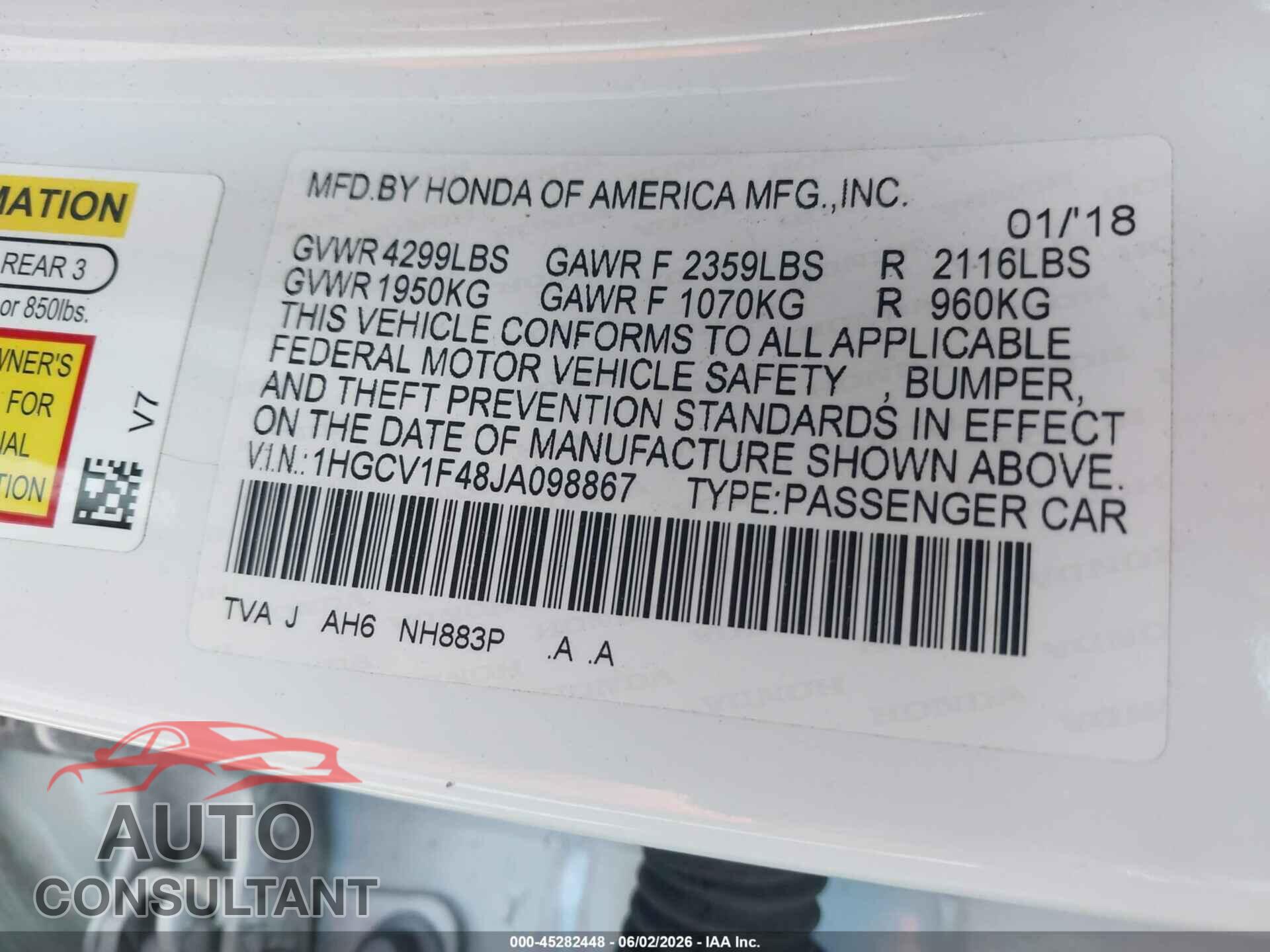 HONDA ACCORD 2018 - 1HGCV1F48JA098867
