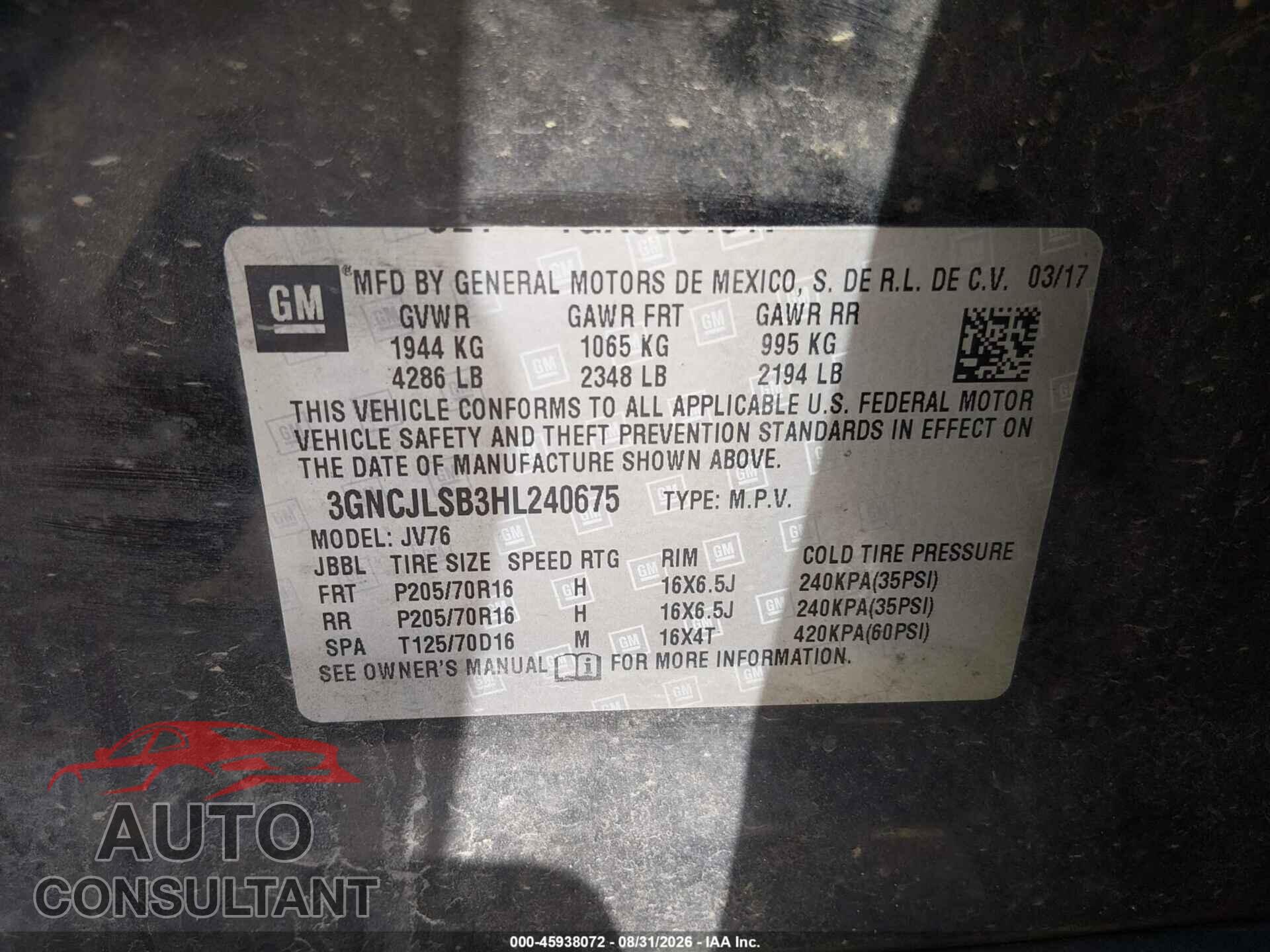 CHEVROLET TRAX 2017 - 3GNCJLSB3HL240675